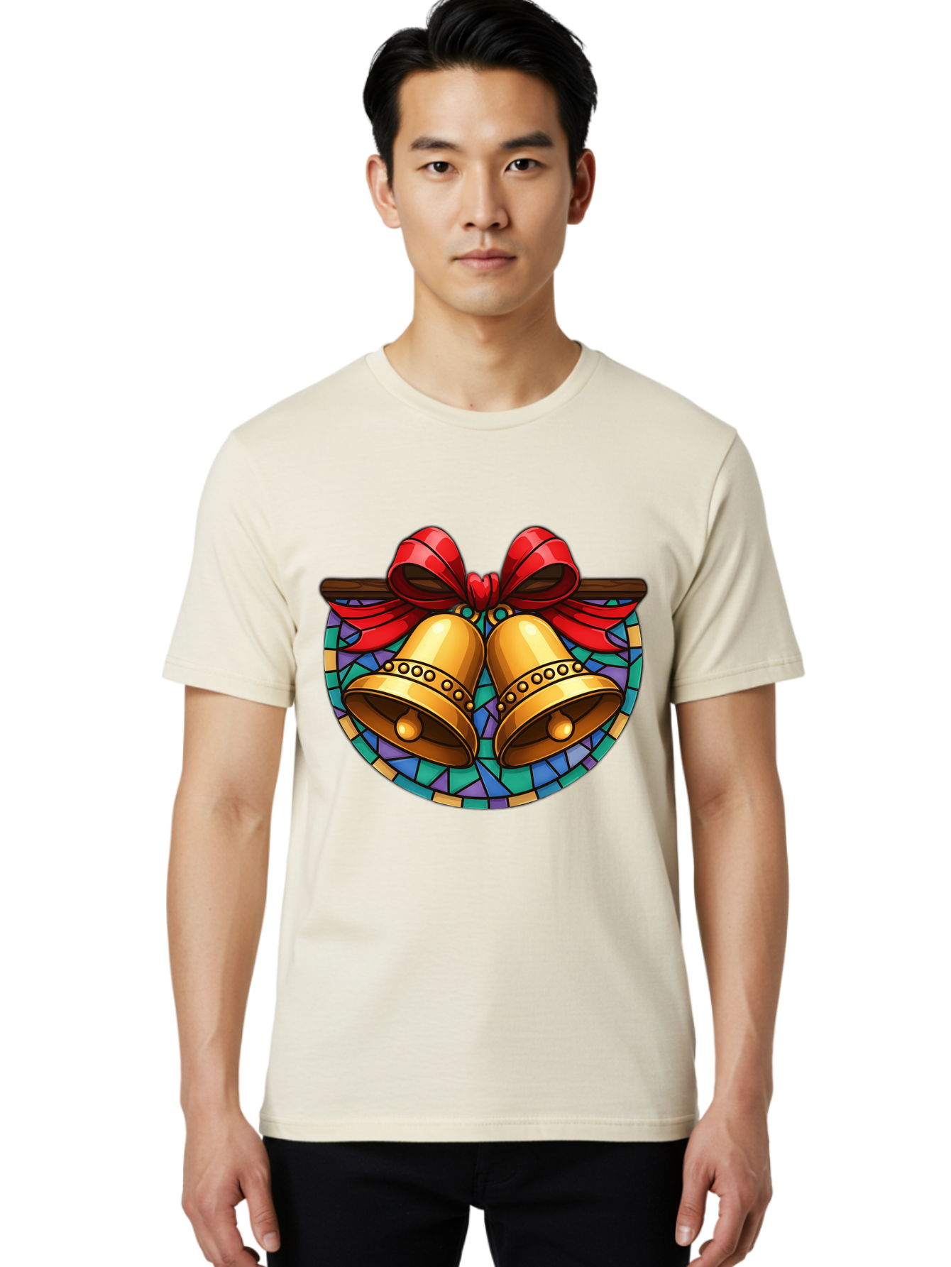 Christmas-Bells-Stained-Glass Men'S Graphic Tee, 100% Cotton, Comfortable Casual Summer Wear, Machine Washable, Golden Christmas Bells, Stained Glass, Red Ribbon, Festive Decorations, Holiday Cheer, Christmas Celebration, Vintage Style, Baa315 22