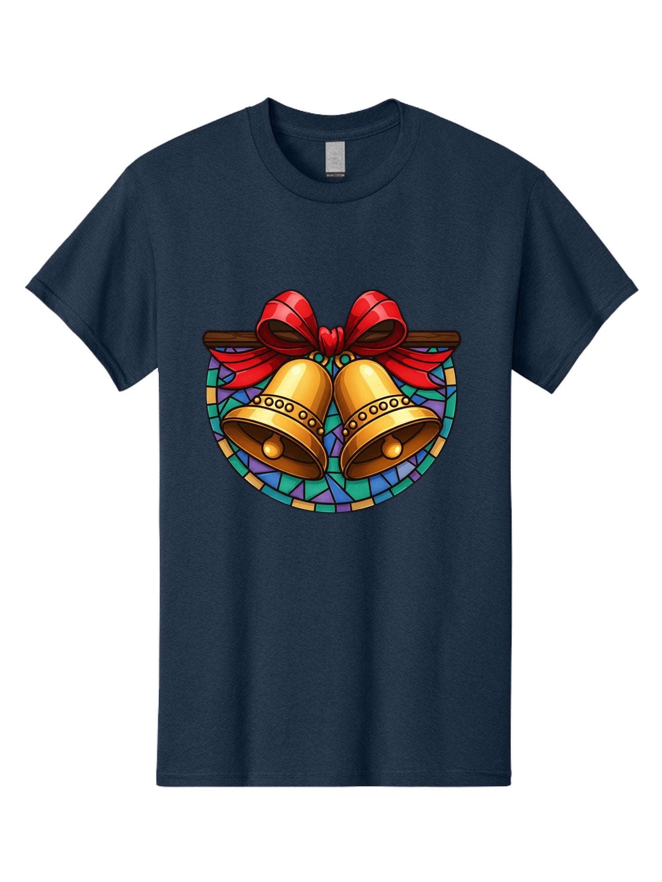 Christmas-Bells-Stained-Glass Men'S Graphic Tee, 100% Cotton, Comfortable Casual Summer Wear, Machine Washable, Golden Christmas Bells, Stained Glass, Red Ribbon, Festive Decorations, Holiday Cheer, Christmas Celebration, Vintage Style, Baa315 7