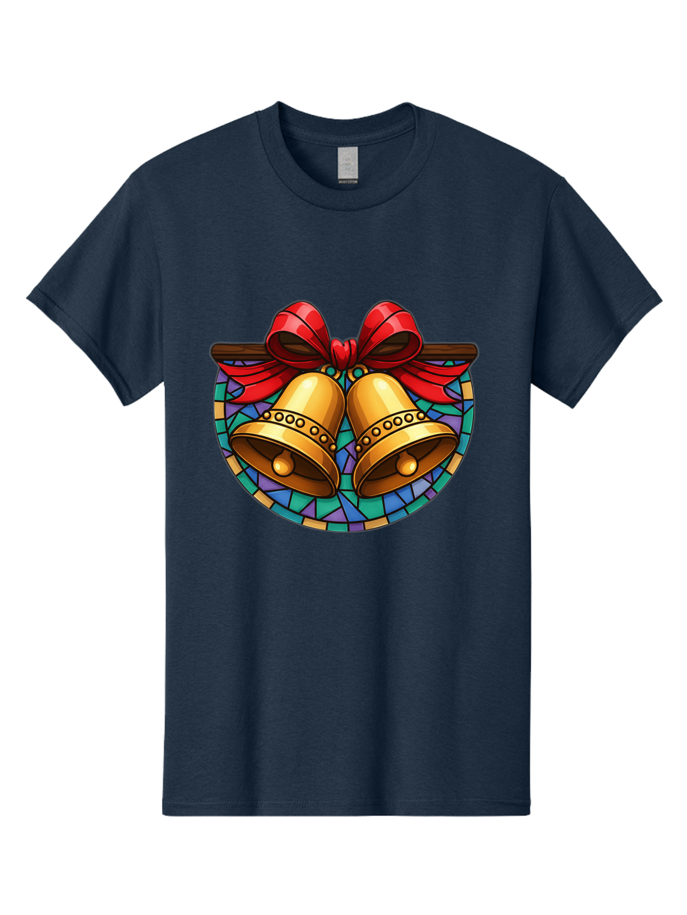 Christmas-Bells-Stained-Glass Men'S Graphic Tee, 100% Cotton, Comfortable Casual Summer Wear, Machine Washable, Golden Christmas Bells, Stained Glass, Red Ribbon, Festive Decorations, Holiday Cheer, Christmas Celebration, Vintage Style, Baa315 25