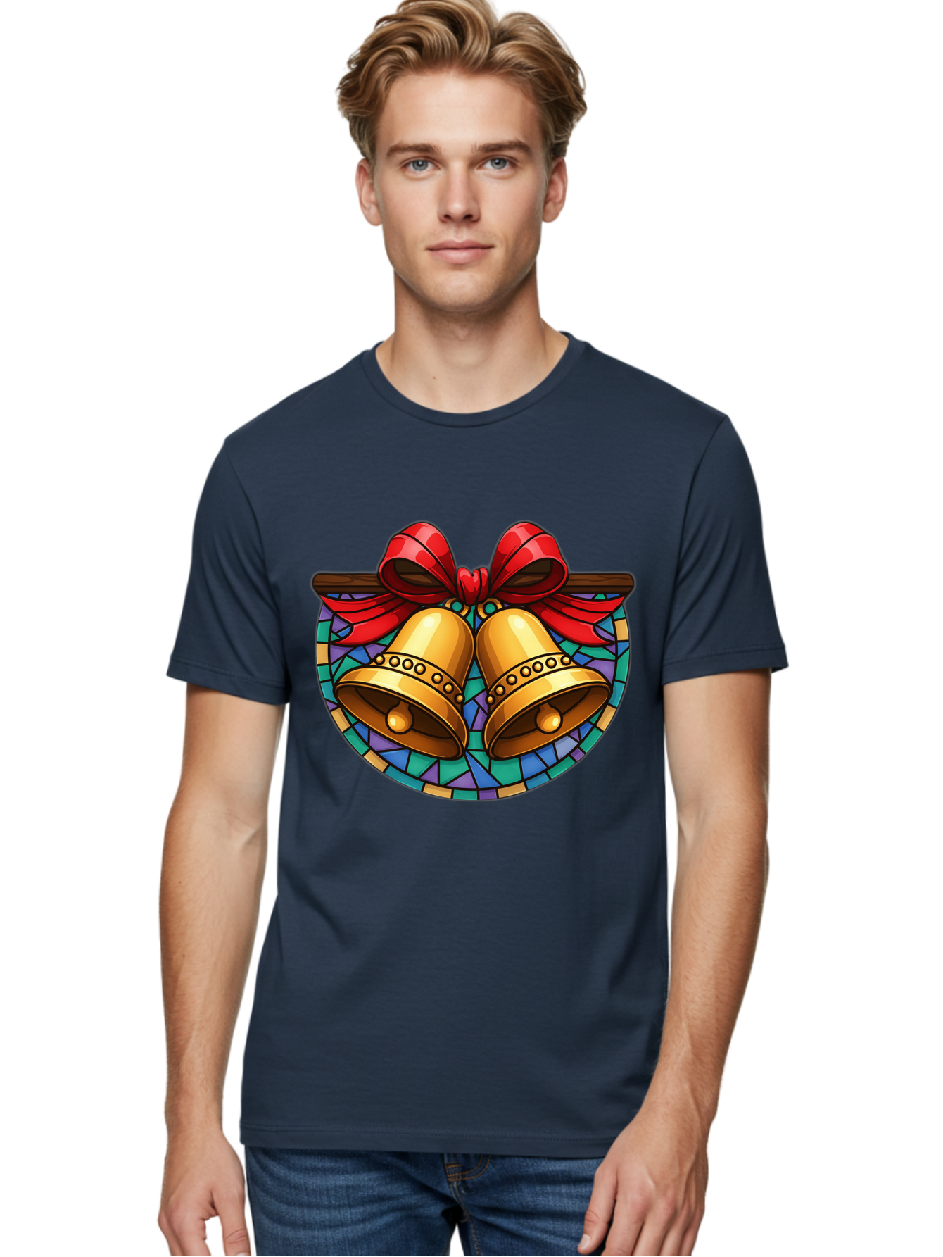 Christmas-Bells-Stained-Glass Men'S Graphic Tee, 100% Cotton, Comfortable Casual Summer Wear, Machine Washable, Golden Christmas Bells, Stained Glass, Red Ribbon, Festive Decorations, Holiday Cheer, Christmas Celebration, Vintage Style, Baa315 26