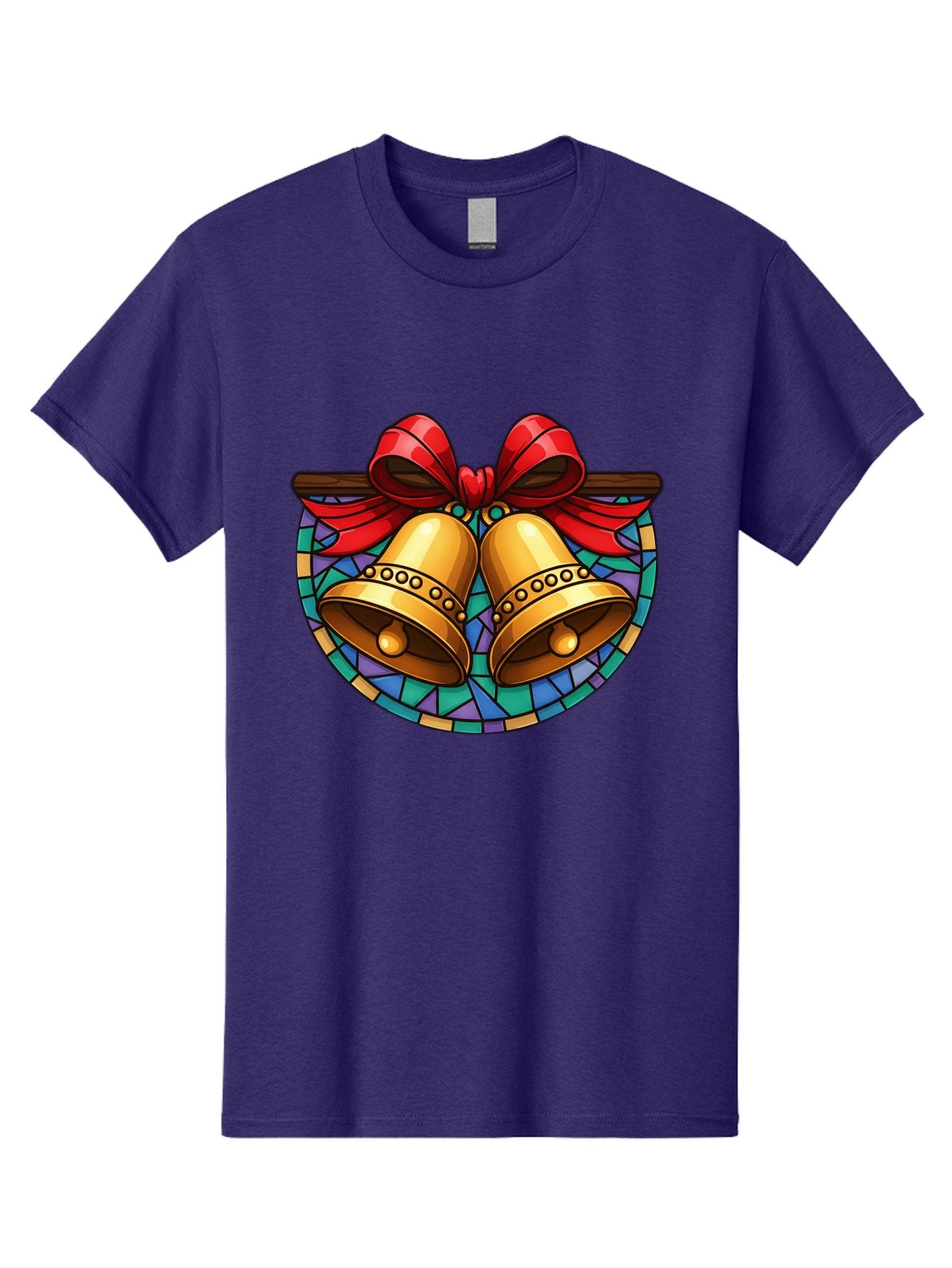 Christmas-Bells-Stained-Glass Men'S Graphic Tee, 100% Cotton, Comfortable Casual Summer Wear, Machine Washable, Golden Christmas Bells, Stained Glass, Red Ribbon, Festive Decorations, Holiday Cheer, Christmas Celebration, Vintage Style, Baa315 11
