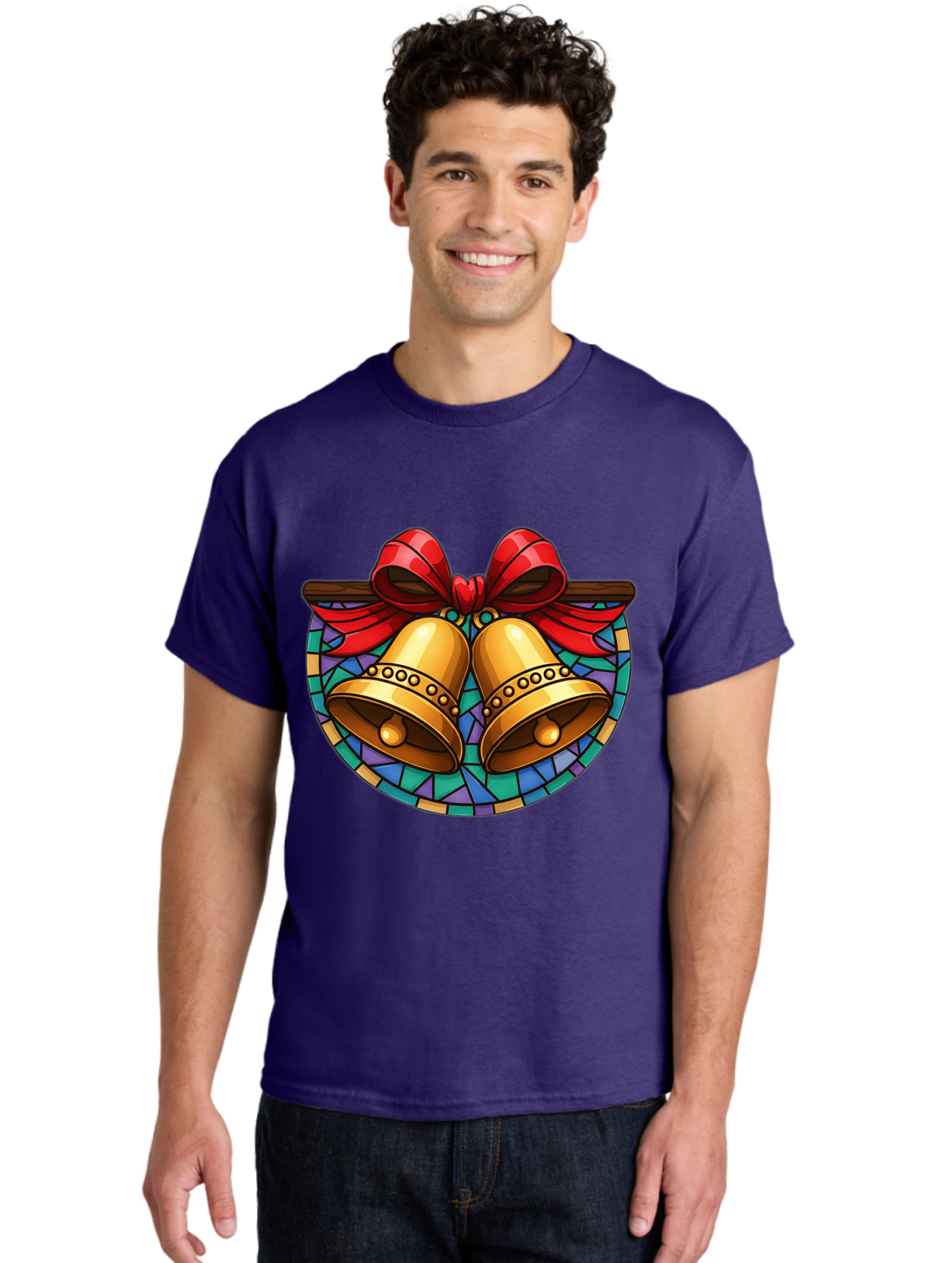 Christmas-Bells-Stained-Glass Men'S Graphic Tee, 100% Cotton, Comfortable Casual Summer Wear, Machine Washable, Golden Christmas Bells, Stained Glass, Red Ribbon, Festive Decorations, Holiday Cheer, Christmas Celebration, Vintage Style, Baa315 8