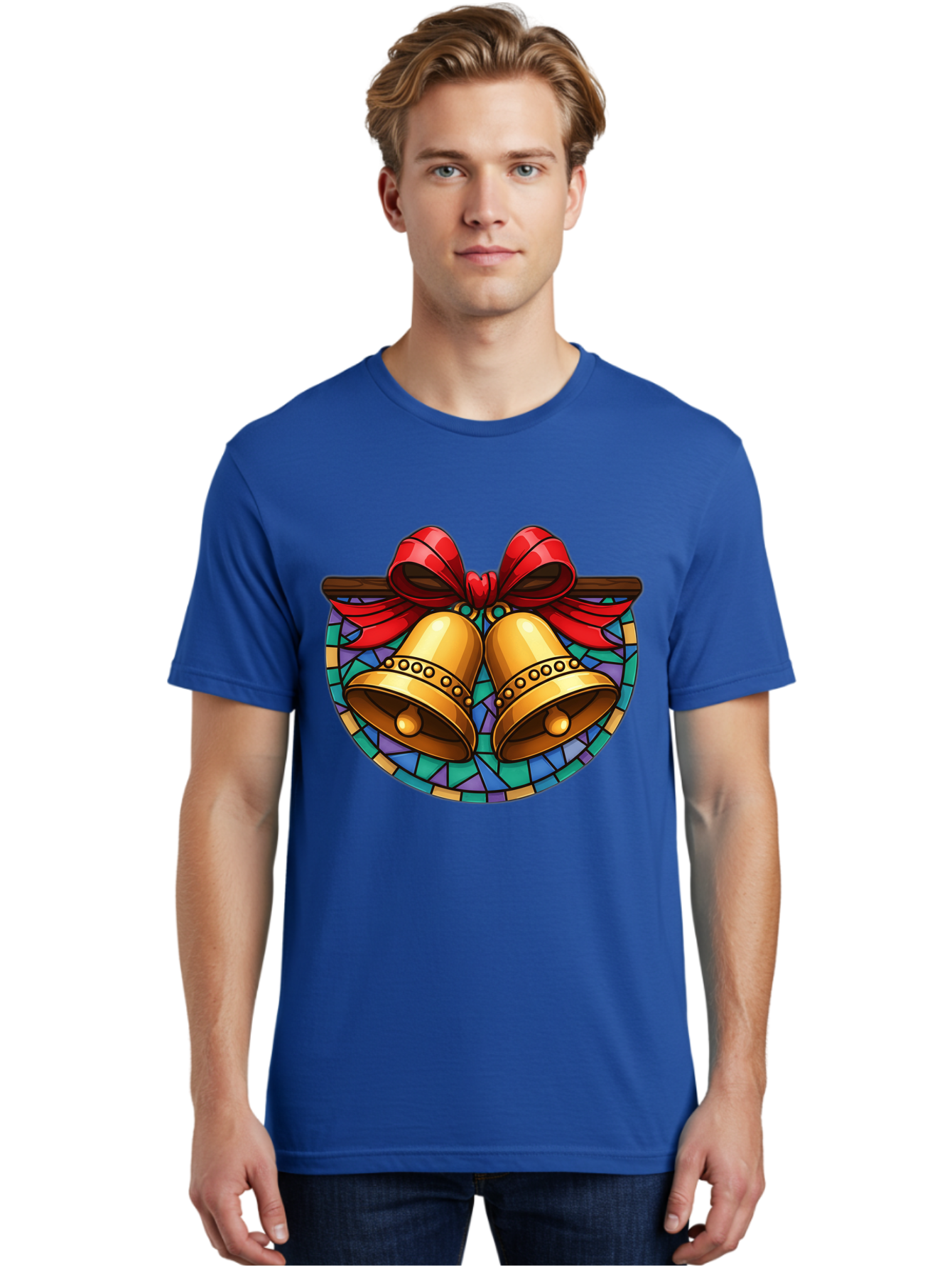 Christmas-Bells-Stained-Glass Men'S Graphic Tee, 100% Cotton, Comfortable Casual Summer Wear, Machine Washable, Golden Christmas Bells, Stained Glass, Red Ribbon, Festive Decorations, Holiday Cheer, Christmas Celebration, Vintage Style, Baa315 4