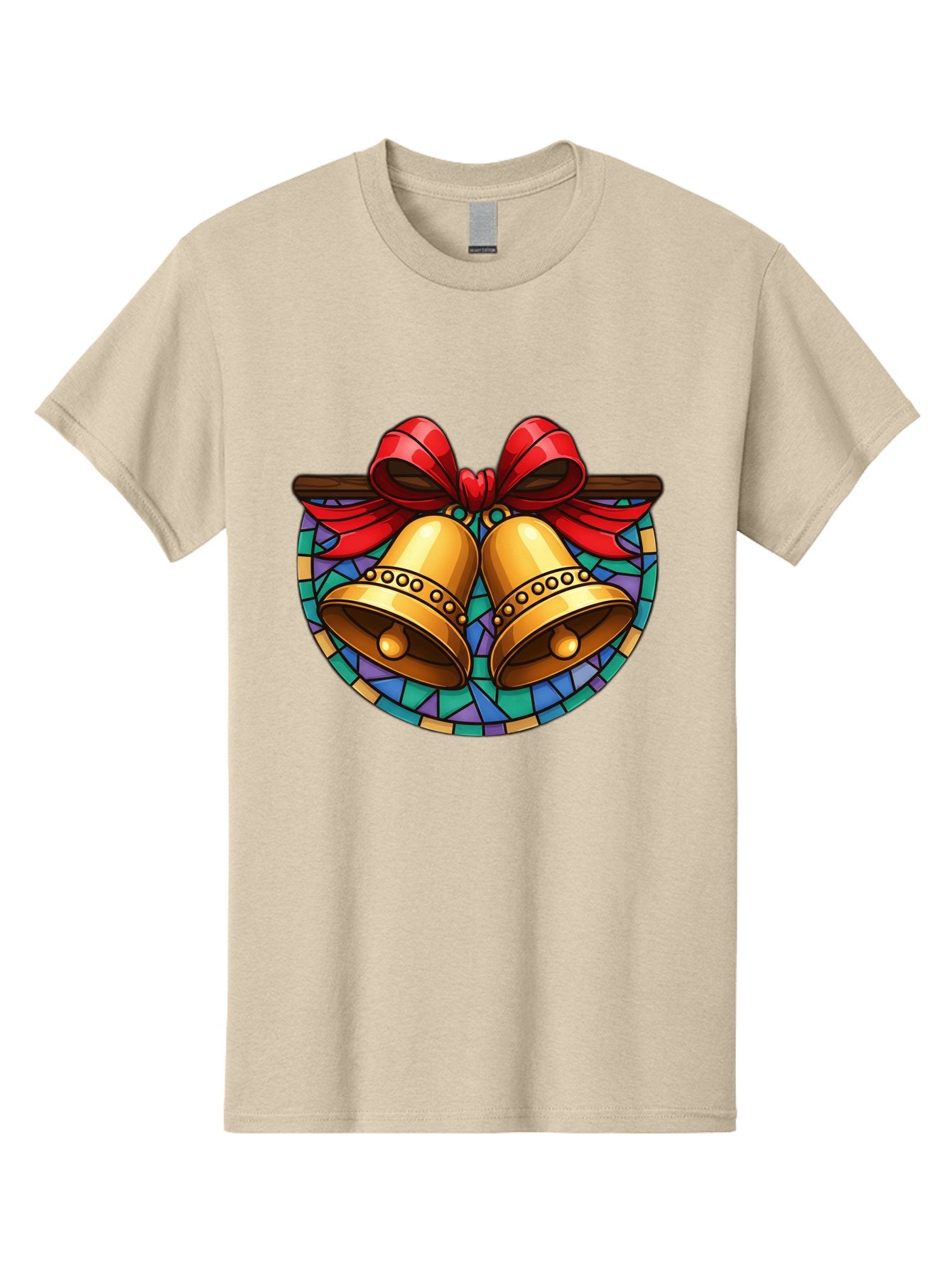 Christmas-Bells-Stained-Glass Men'S Graphic Tee, 100% Cotton, Comfortable Casual Summer Wear, Machine Washable, Golden Christmas Bells, Stained Glass, Red Ribbon, Festive Decorations, Holiday Cheer, Christmas Celebration, Vintage Style, Baa315 13