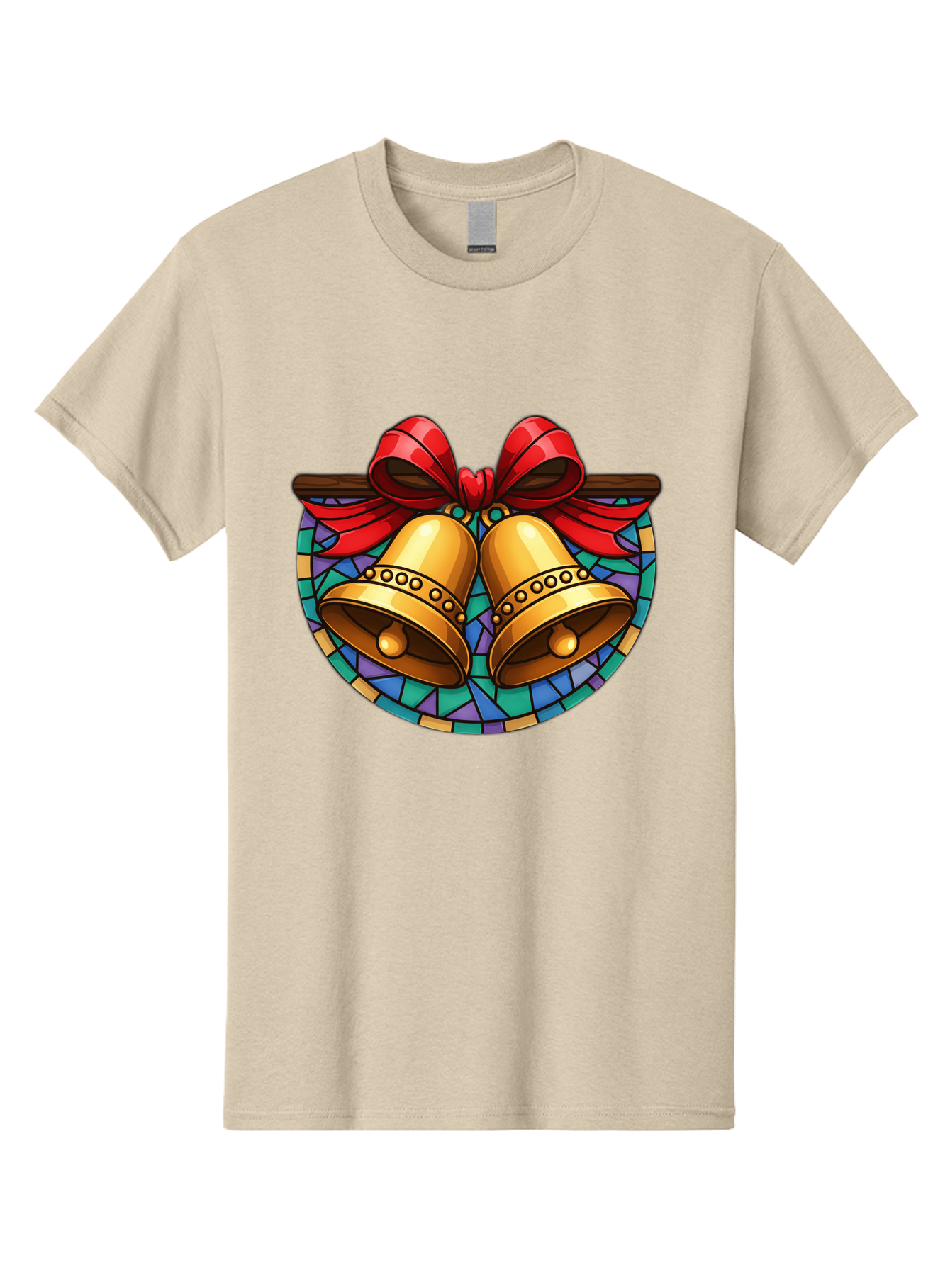 Christmas-Bells-Stained-Glass Men'S Graphic Tee, 100% Cotton, Comfortable Casual Summer Wear, Machine Washable, Golden Christmas Bells, Stained Glass, Red Ribbon, Festive Decorations, Holiday Cheer, Christmas Celebration, Vintage Style, Baa315 29