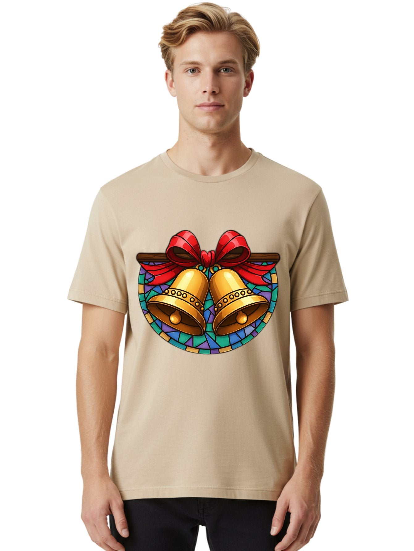 Christmas-Bells-Stained-Glass Men'S Graphic Tee, 100% Cotton, Comfortable Casual Summer Wear, Machine Washable, Golden Christmas Bells, Stained Glass, Red Ribbon, Festive Decorations, Holiday Cheer, Christmas Celebration, Vintage Style, Baa315 20