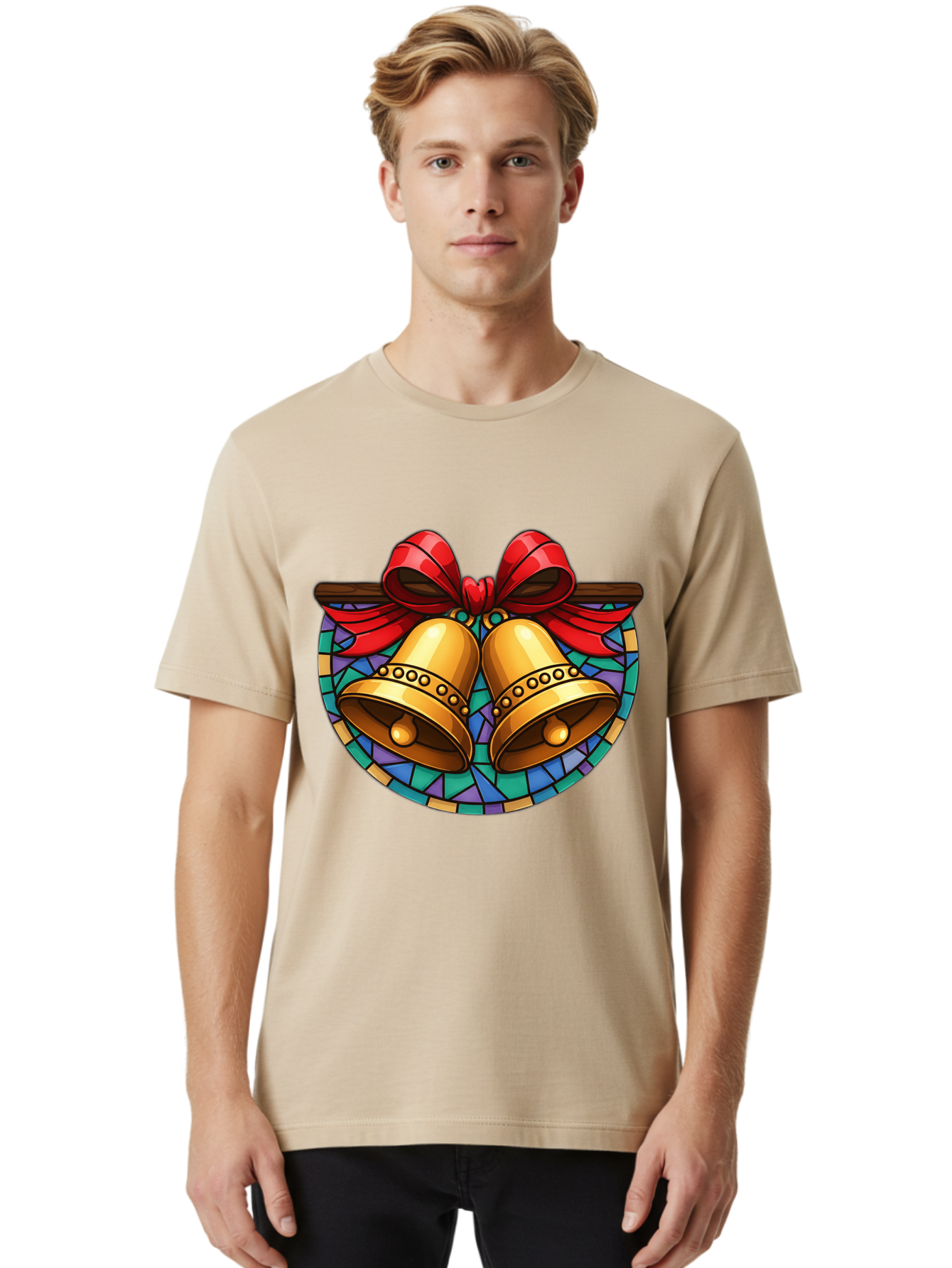 Christmas-Bells-Stained-Glass Men'S Graphic Tee, 100% Cotton, Comfortable Casual Summer Wear, Machine Washable, Golden Christmas Bells, Stained Glass, Red Ribbon, Festive Decorations, Holiday Cheer, Christmas Celebration, Vintage Style, Baa315 30