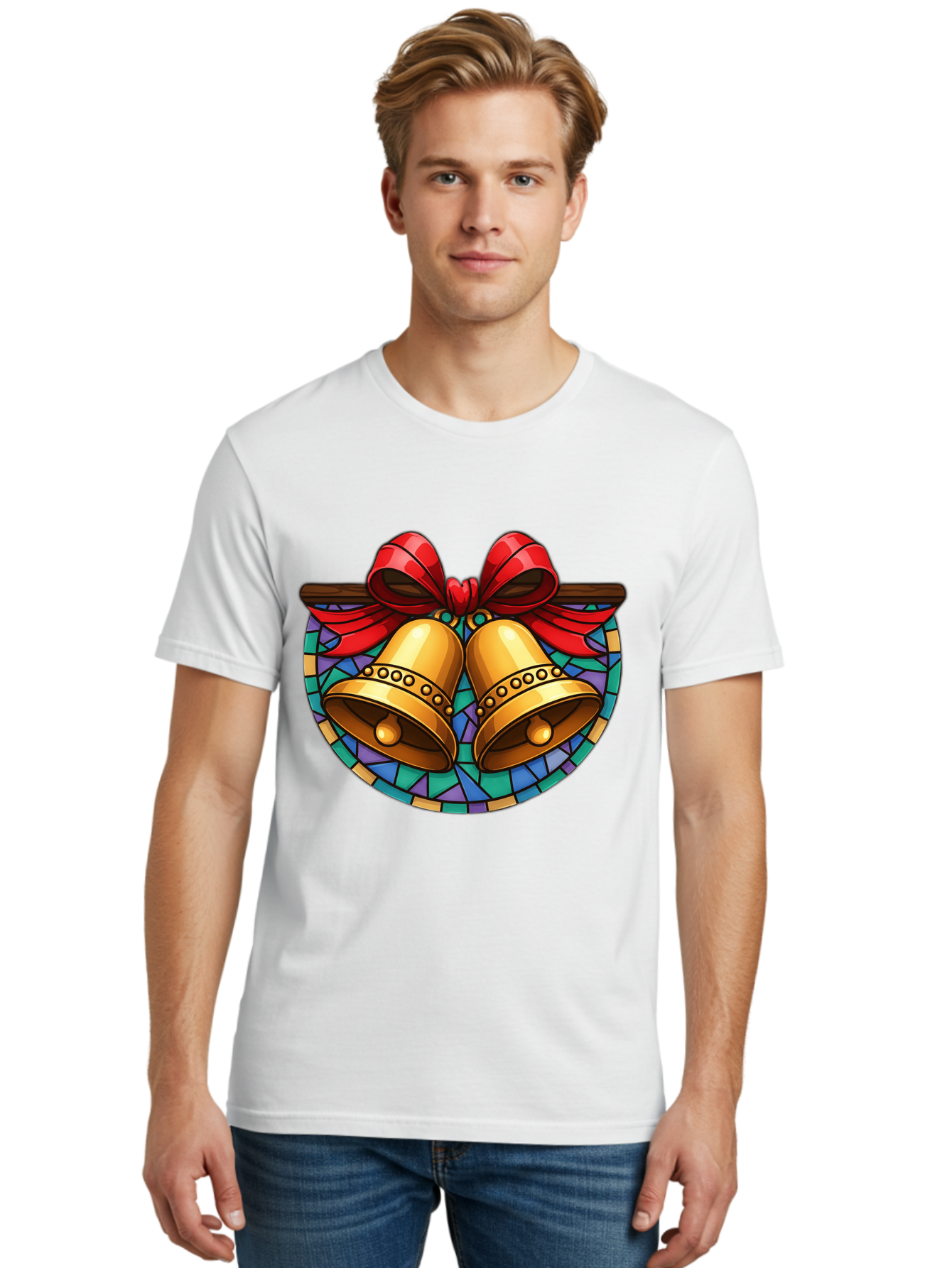 Christmas-Bells-Stained-Glass Men'S Graphic Tee, 100% Cotton, Comfortable Casual Summer Wear, Machine Washable, Golden Christmas Bells, Stained Glass, Red Ribbon, Festive Decorations, Holiday Cheer, Christmas Celebration, Vintage Style, Baa315 10