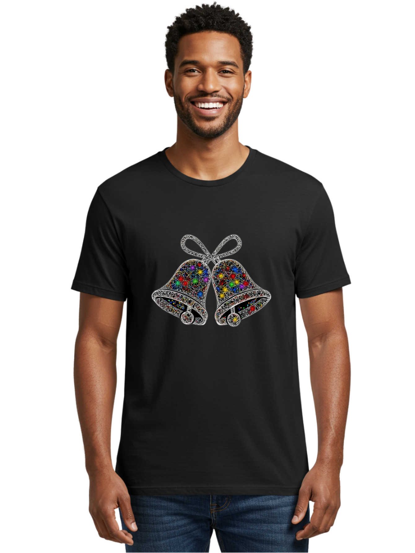 Christmas-Bells Men'S Graphic Tee, 100% Cotton, Comfortable Casual Summer Wear, Machine Washable, Holiday Bells, Colorful Jewels, Festive Decorations, Christmas Symbols, Shiny Ornaments, Celebratory Icons, Sparkling Decorations, Festive Cheer Baa316 18