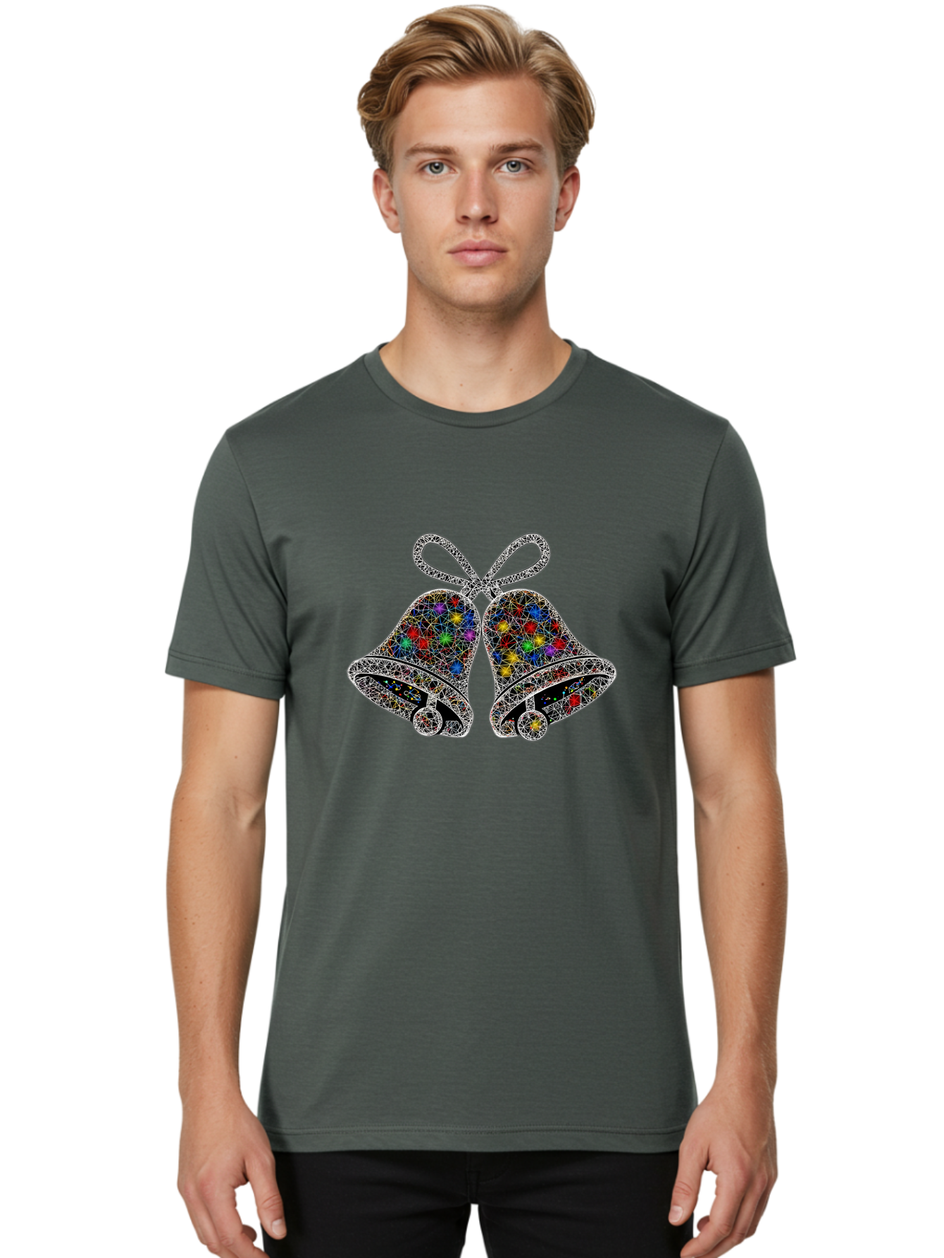 Christmas-Bells Men'S Graphic Tee, 100% Cotton, Comfortable Casual Summer Wear, Machine Washable, Holiday Bells, Colorful Jewels, Festive Decorations, Christmas Symbols, Shiny Ornaments, Celebratory Icons, Sparkling Decorations, Festive Cheer Baa316 14