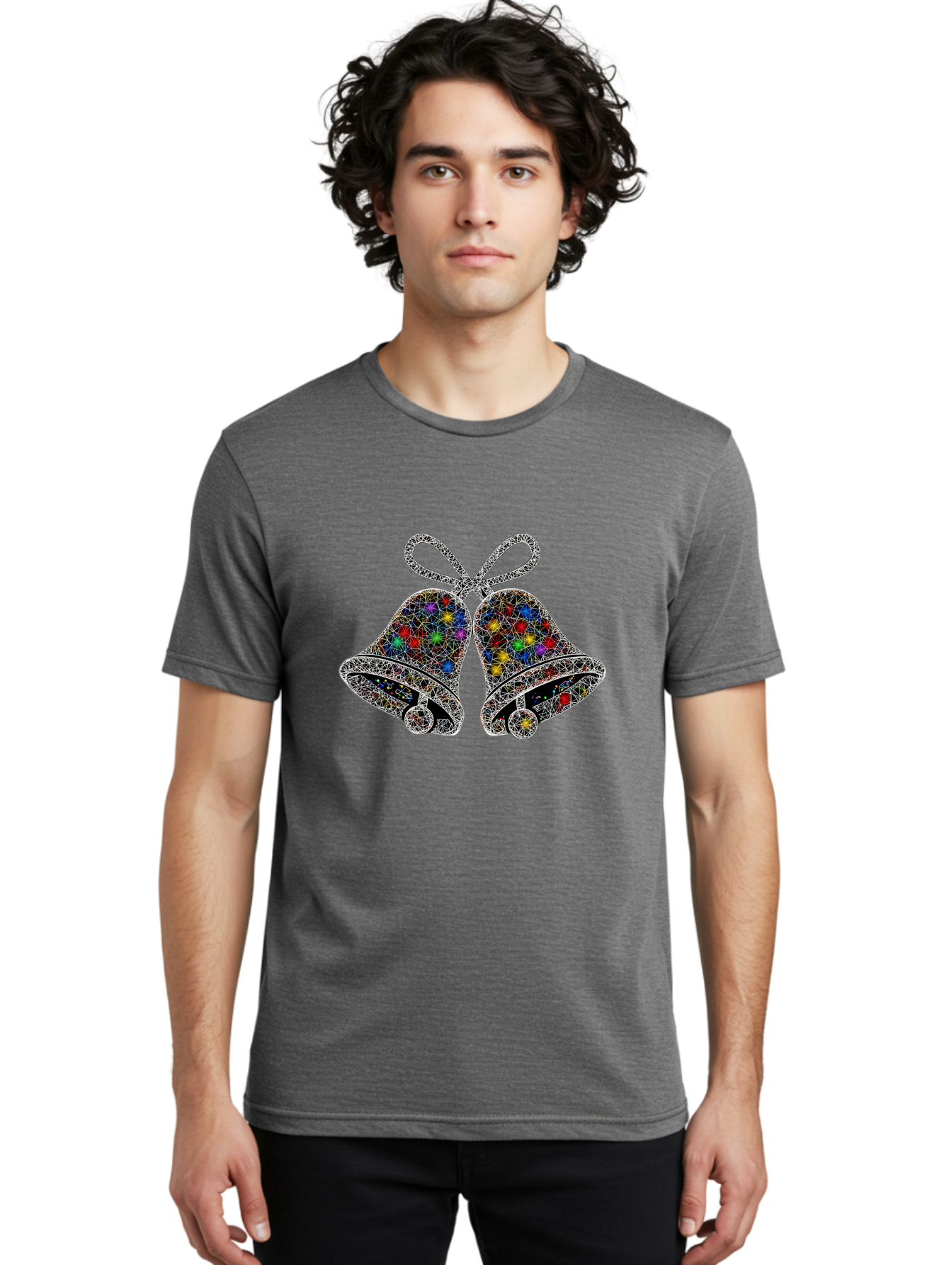 Christmas-Bells Men'S Graphic Tee, 100% Cotton, Comfortable Casual Summer Wear, Machine Washable, Holiday Bells, Colorful Jewels, Festive Decorations, Christmas Symbols, Shiny Ornaments, Celebratory Icons, Sparkling Decorations, Festive Cheer Baa316 20