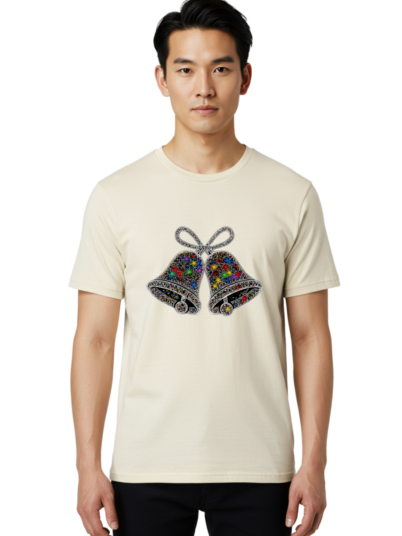 Christmas-Bells Men'S Graphic Tee, 100% Cotton, Comfortable Casual Summer Wear, Machine Washable, Holiday Bells, Colorful Jewels, Festive Decorations, Christmas Symbols, Shiny Ornaments, Celebratory Icons, Sparkling Decorations, Festive Cheer Baa316 6