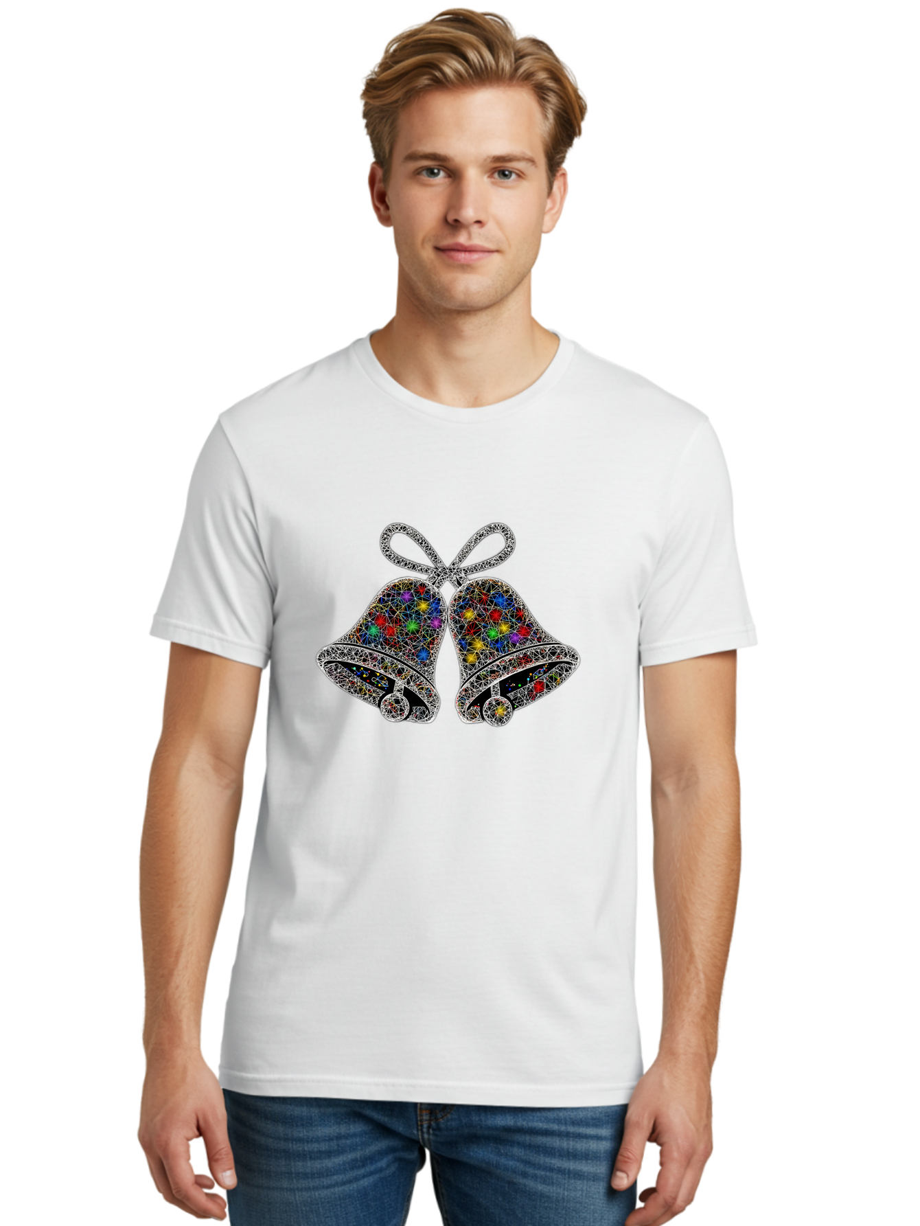 Christmas-Bells Men'S Graphic Tee, 100% Cotton, Comfortable Casual Summer Wear, Machine Washable, Holiday Bells, Colorful Jewels, Festive Decorations, Christmas Symbols, Shiny Ornaments, Celebratory Icons, Sparkling Decorations, Festive Cheer Baa316 28