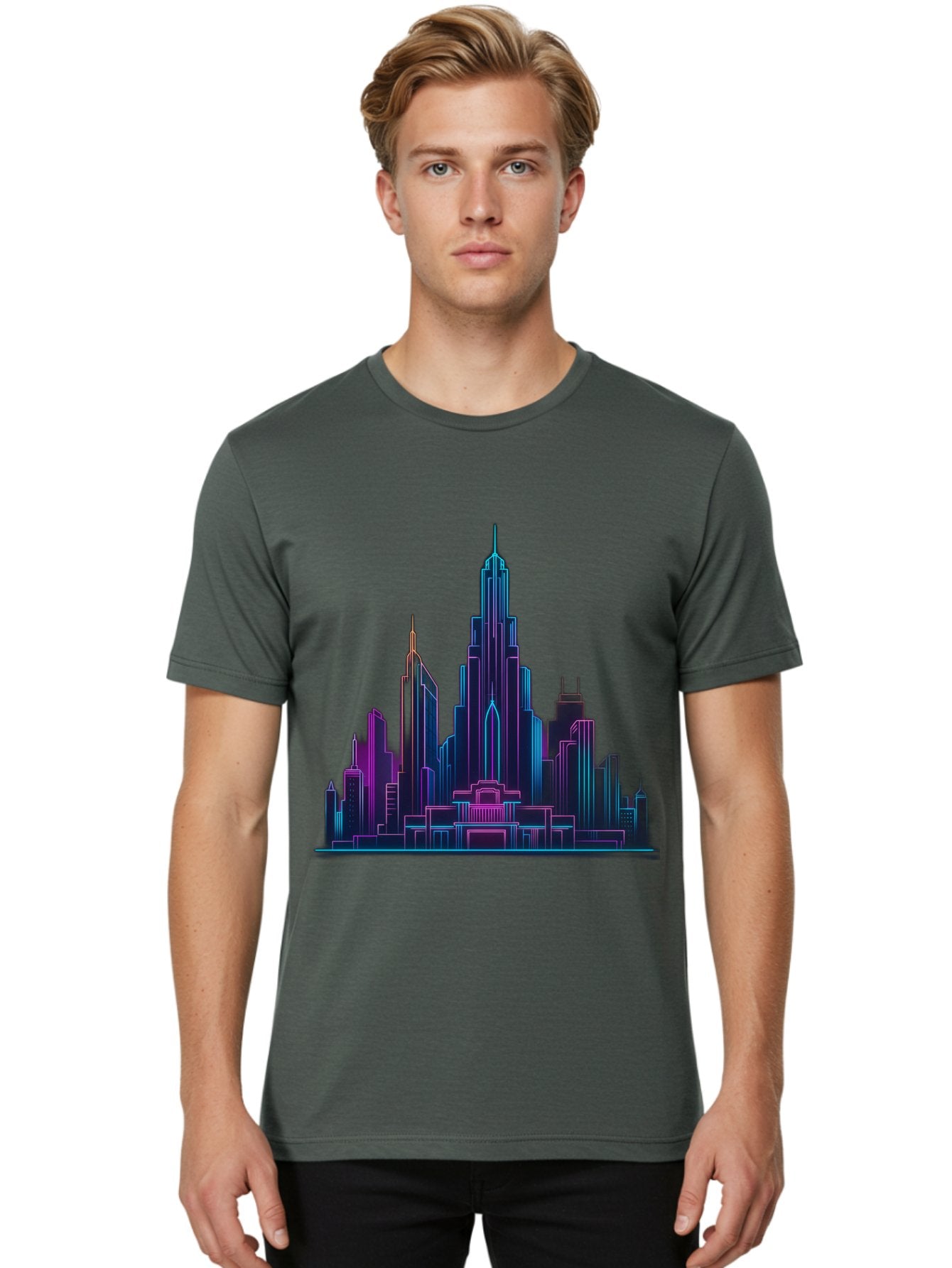 Cityscape-Skyscrapers Men'S Graphic Tee, 100% Cotton, Comfortable Casual Summer Wear, Machine Washable, City Skyline, Futuristic Architecture, Neon Lights, Modern Buildings, Urban Landscape, Skyscrapers, Cityscape, Contemporary Design, Baa321 25