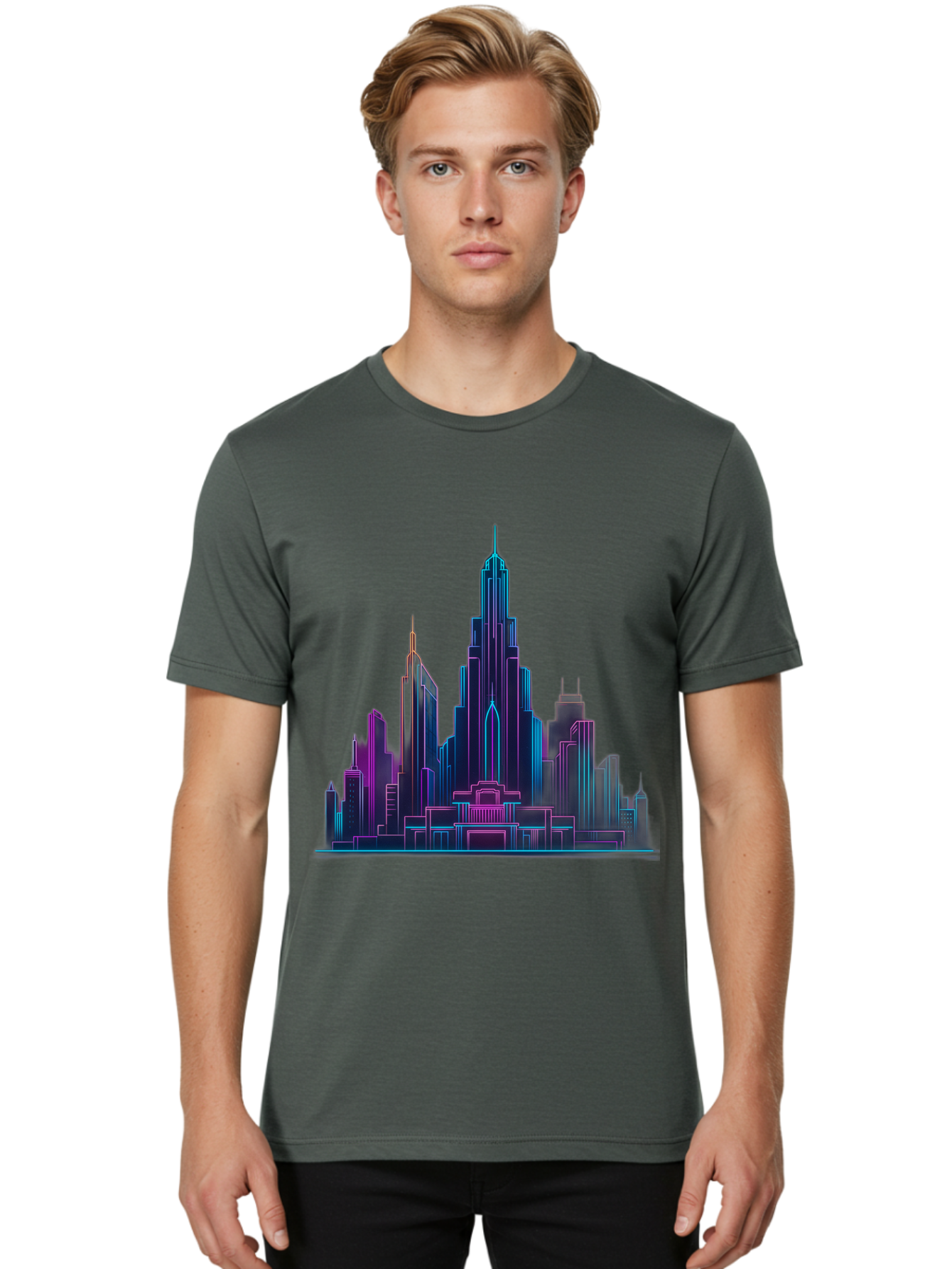 Cityscape-Skyscrapers Men'S Graphic Tee, 100% Cotton, Comfortable Casual Summer Wear, Machine Washable, City Skyline, Futuristic Architecture, Neon Lights, Modern Buildings, Urban Landscape, Skyscrapers, Cityscape, Contemporary Design, Baa321 12