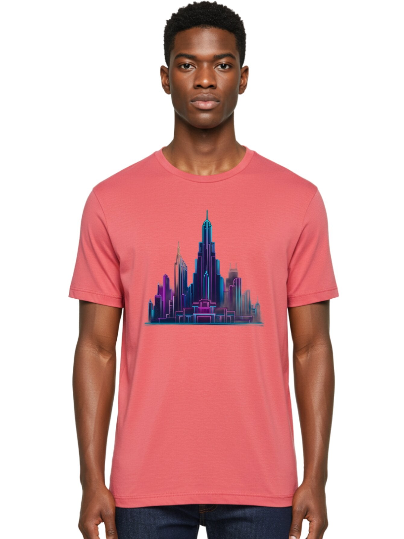 Cityscape-Skyscrapers Men'S Graphic Tee, 100% Cotton, Comfortable Casual Summer Wear, Machine Washable, City Skyline, Futuristic Architecture, Neon Lights, Modern Buildings, Urban Landscape, Skyscrapers, Cityscape, Contemporary Design, Baa321 30