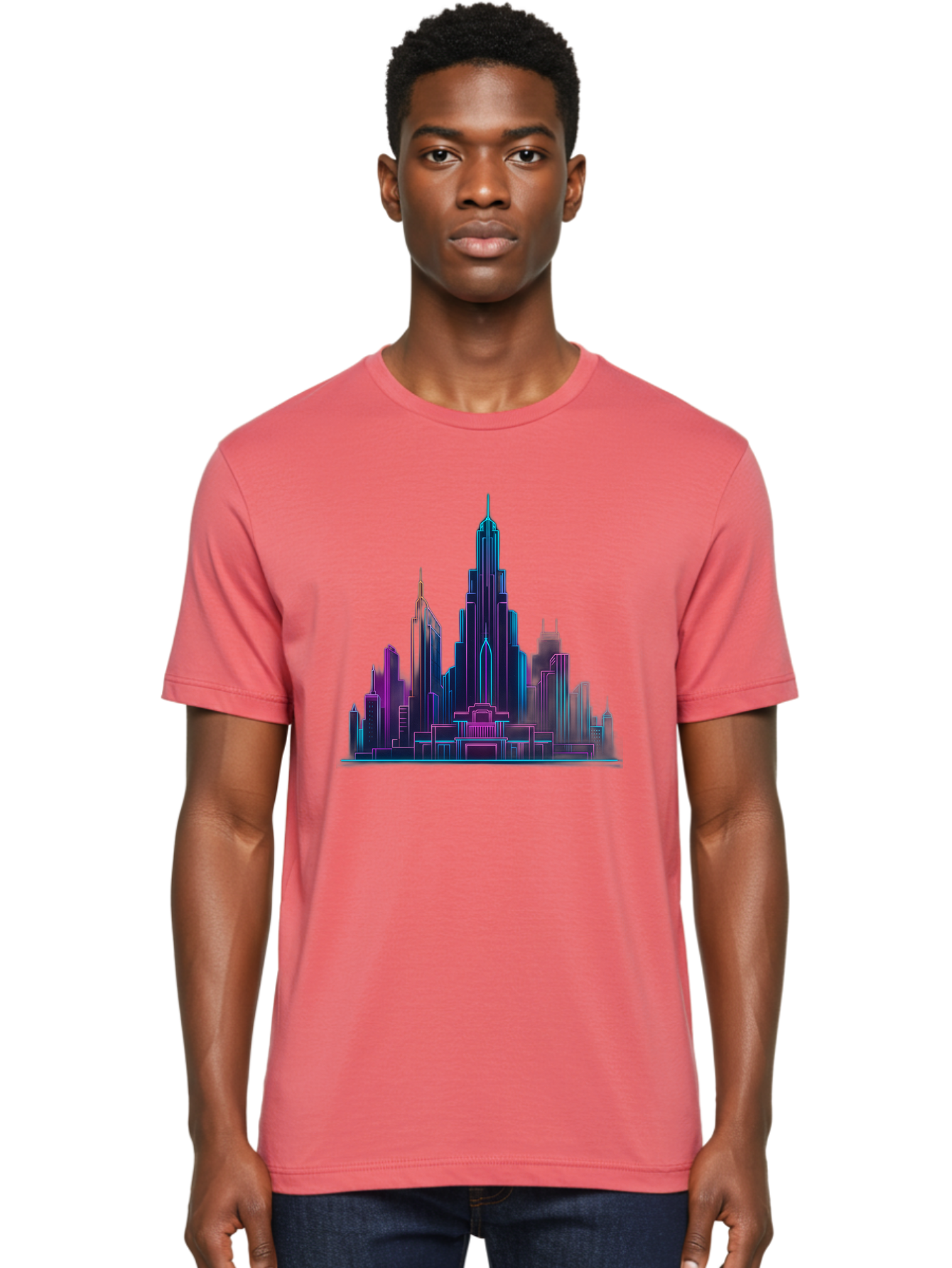 Cityscape-Skyscrapers Men'S Graphic Tee, 100% Cotton, Comfortable Casual Summer Wear, Machine Washable, City Skyline, Futuristic Architecture, Neon Lights, Modern Buildings, Urban Landscape, Skyscrapers, Cityscape, Contemporary Design, Baa321