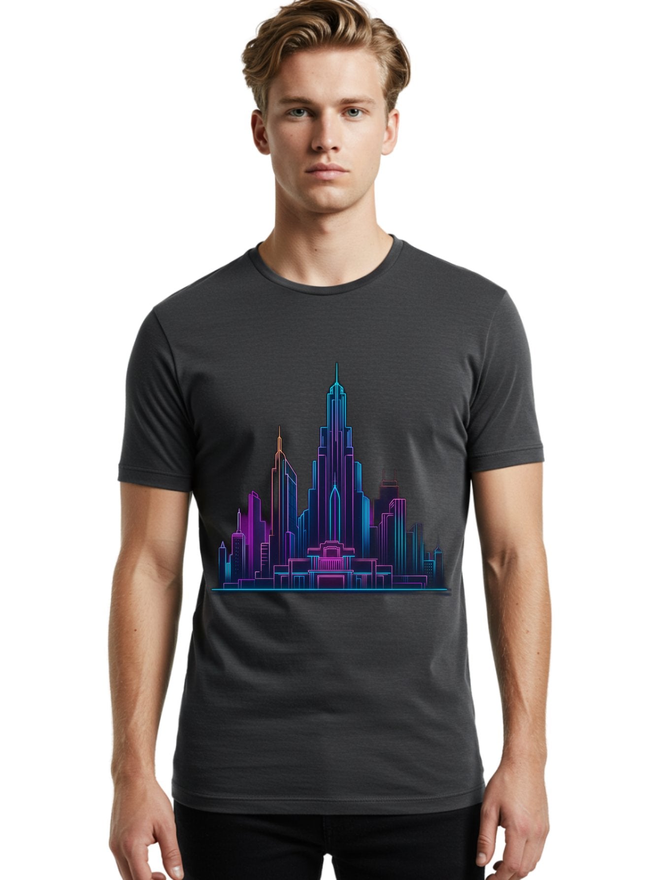 Cityscape-Skyscrapers Men'S Graphic Tee, 100% Cotton, Comfortable Casual Summer Wear, Machine Washable, City Skyline, Futuristic Architecture, Neon Lights, Modern Buildings, Urban Landscape, Skyscrapers, Cityscape, Contemporary Design, Baa321 19