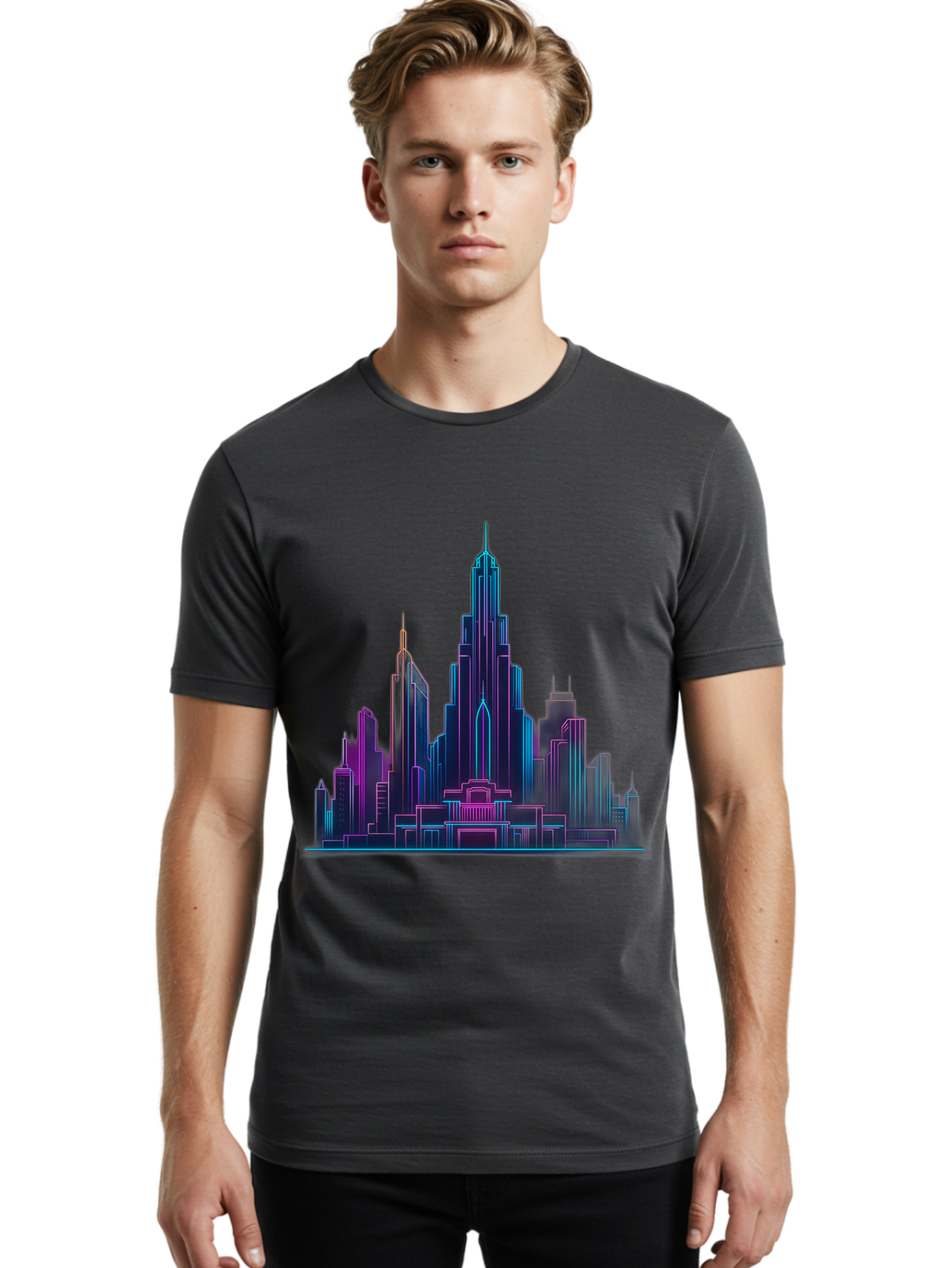 Cityscape-Skyscrapers Men'S Graphic Tee, 100% Cotton, Comfortable Casual Summer Wear, Machine Washable, City Skyline, Futuristic Architecture, Neon Lights, Modern Buildings, Urban Landscape, Skyscrapers, Cityscape, Contemporary Design, Baa321 22