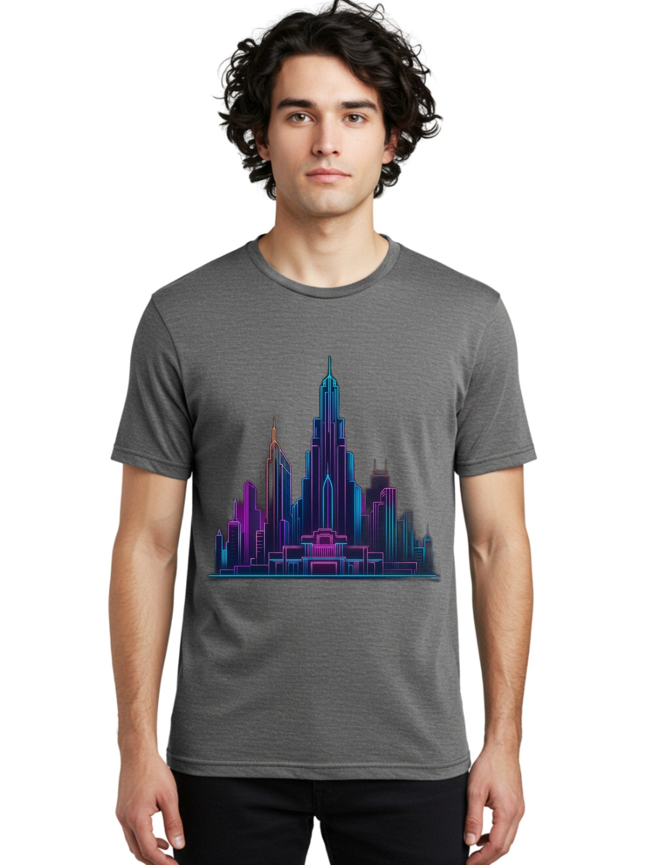Cityscape-Skyscrapers Men'S Graphic Tee, 100% Cotton, Comfortable Casual Summer Wear, Machine Washable, City Skyline, Futuristic Architecture, Neon Lights, Modern Buildings, Urban Landscape, Skyscrapers, Cityscape, Contemporary Design, Baa321 16
