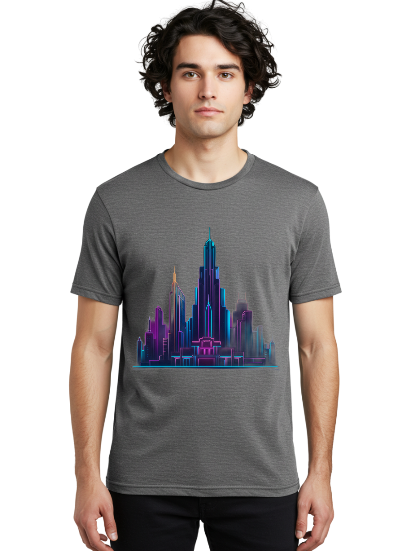 Cityscape-Skyscrapers Men'S Graphic Tee, 100% Cotton, Comfortable Casual Summer Wear, Machine Washable, City Skyline, Futuristic Architecture, Neon Lights, Modern Buildings, Urban Landscape, Skyscrapers, Cityscape, Contemporary Design, Baa321 26