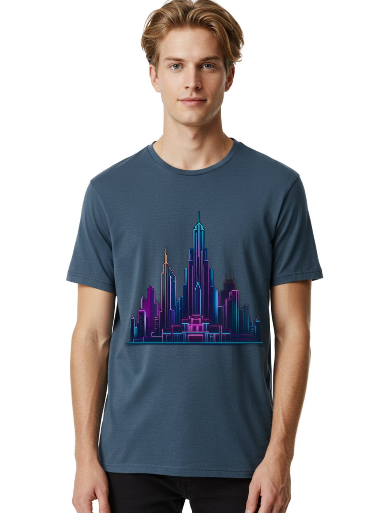 Cityscape-Skyscrapers Men'S Graphic Tee, 100% Cotton, Comfortable Casual Summer Wear, Machine Washable, City Skyline, Futuristic Architecture, Neon Lights, Modern Buildings, Urban Landscape, Skyscrapers, Cityscape, Contemporary Design, Baa321 28