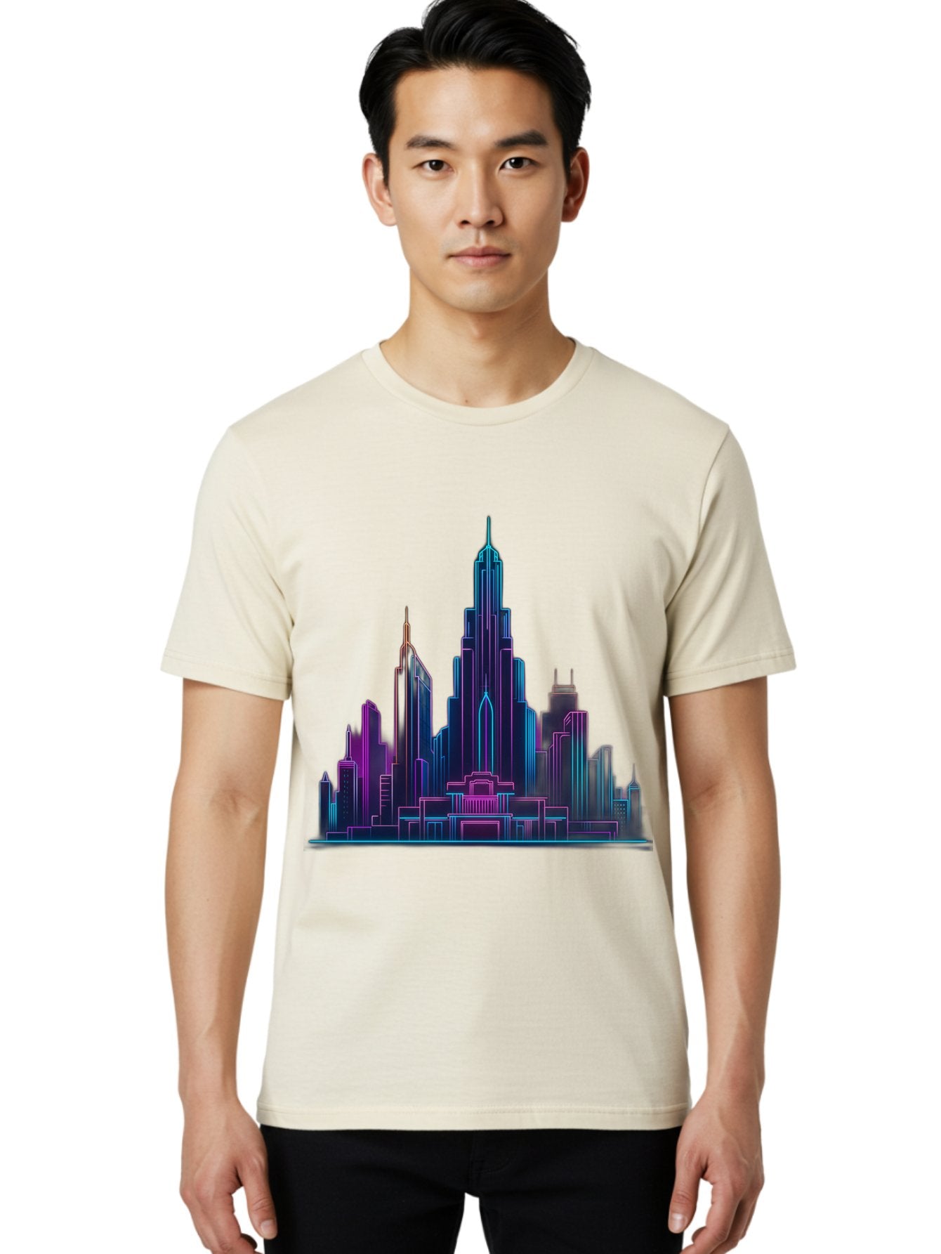 Cityscape-Skyscrapers Men'S Graphic Tee, 100% Cotton, Comfortable Casual Summer Wear, Machine Washable, City Skyline, Futuristic Architecture, Neon Lights, Modern Buildings, Urban Landscape, Skyscrapers, Cityscape, Contemporary Design, Baa321 23
