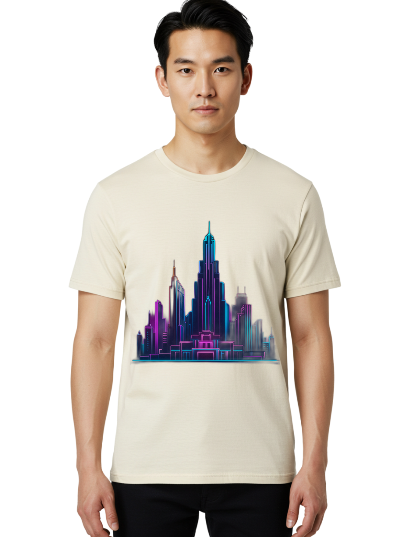Cityscape-Skyscrapers Men'S Graphic Tee, 100% Cotton, Comfortable Casual Summer Wear, Machine Washable, City Skyline, Futuristic Architecture, Neon Lights, Modern Buildings, Urban Landscape, Skyscrapers, Cityscape, Contemporary Design, Baa321 16