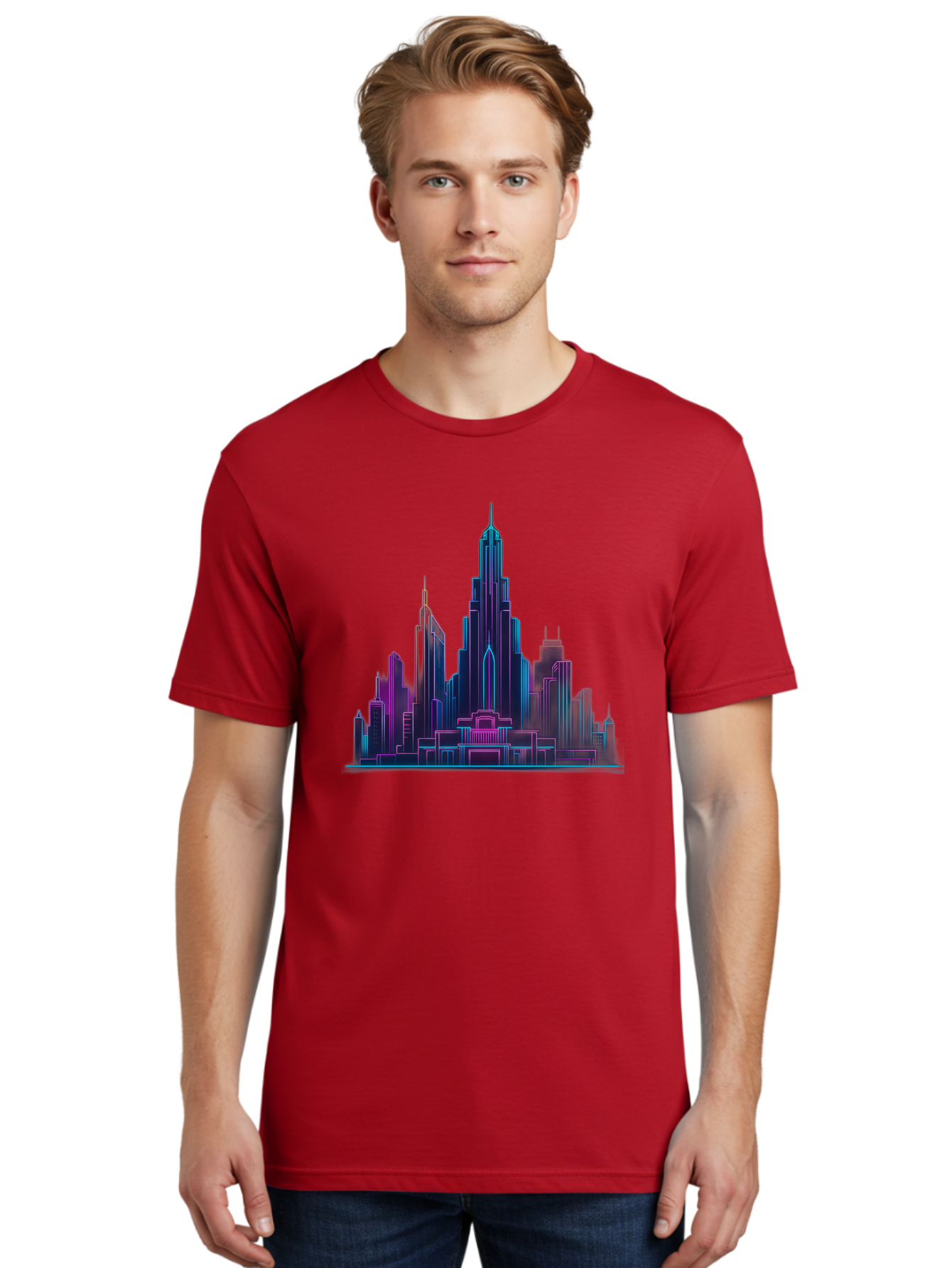 Cityscape-Skyscrapers Men'S Graphic Tee, 100% Cotton, Comfortable Casual Summer Wear, Machine Washable, City Skyline, Futuristic Architecture, Neon Lights, Modern Buildings, Urban Landscape, Skyscrapers, Cityscape, Contemporary Design, Baa321 18