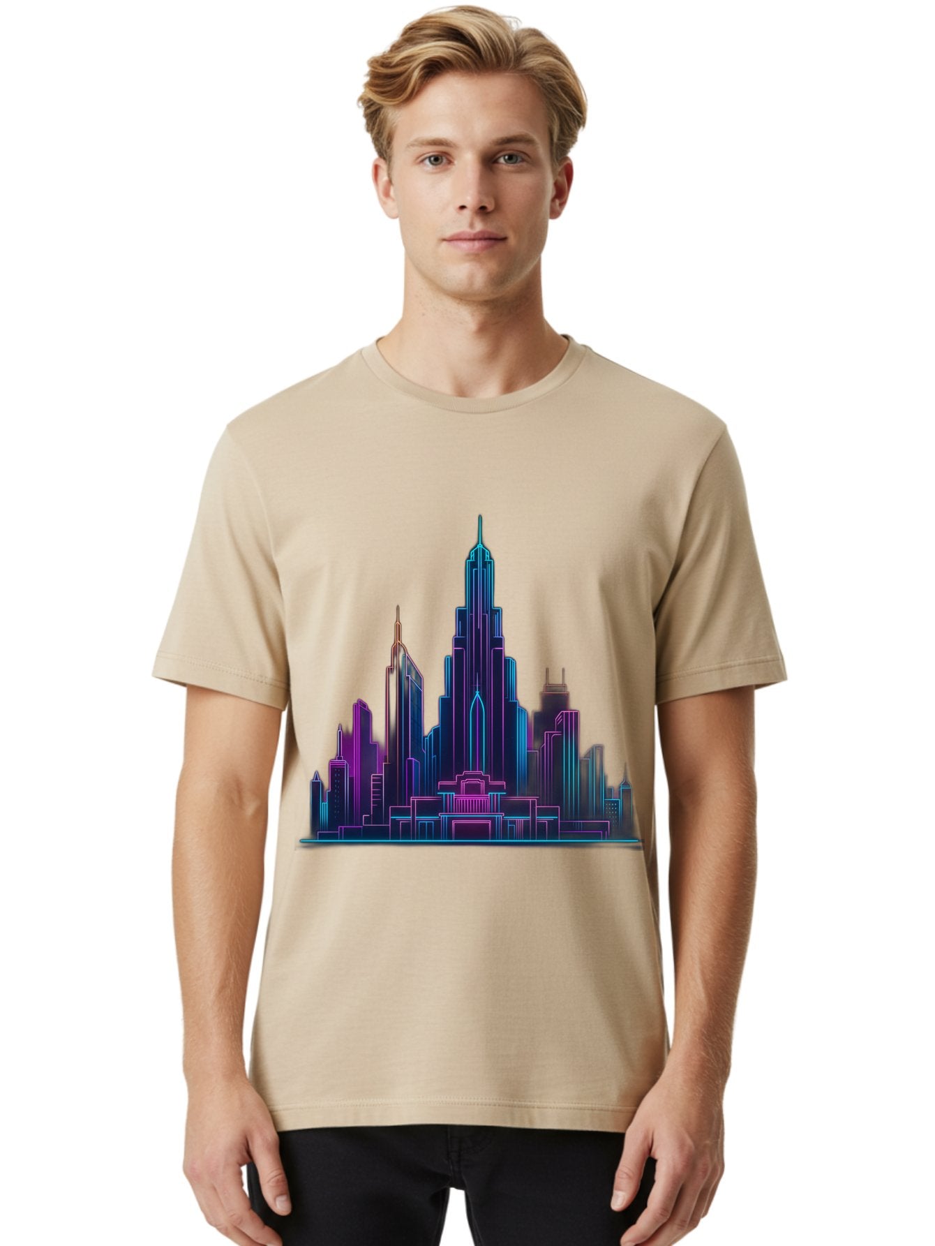 Cityscape-Skyscrapers Men'S Graphic Tee, 100% Cotton, Comfortable Casual Summer Wear, Machine Washable, City Skyline, Futuristic Architecture, Neon Lights, Modern Buildings, Urban Landscape, Skyscrapers, Cityscape, Contemporary Design, Baa321 21