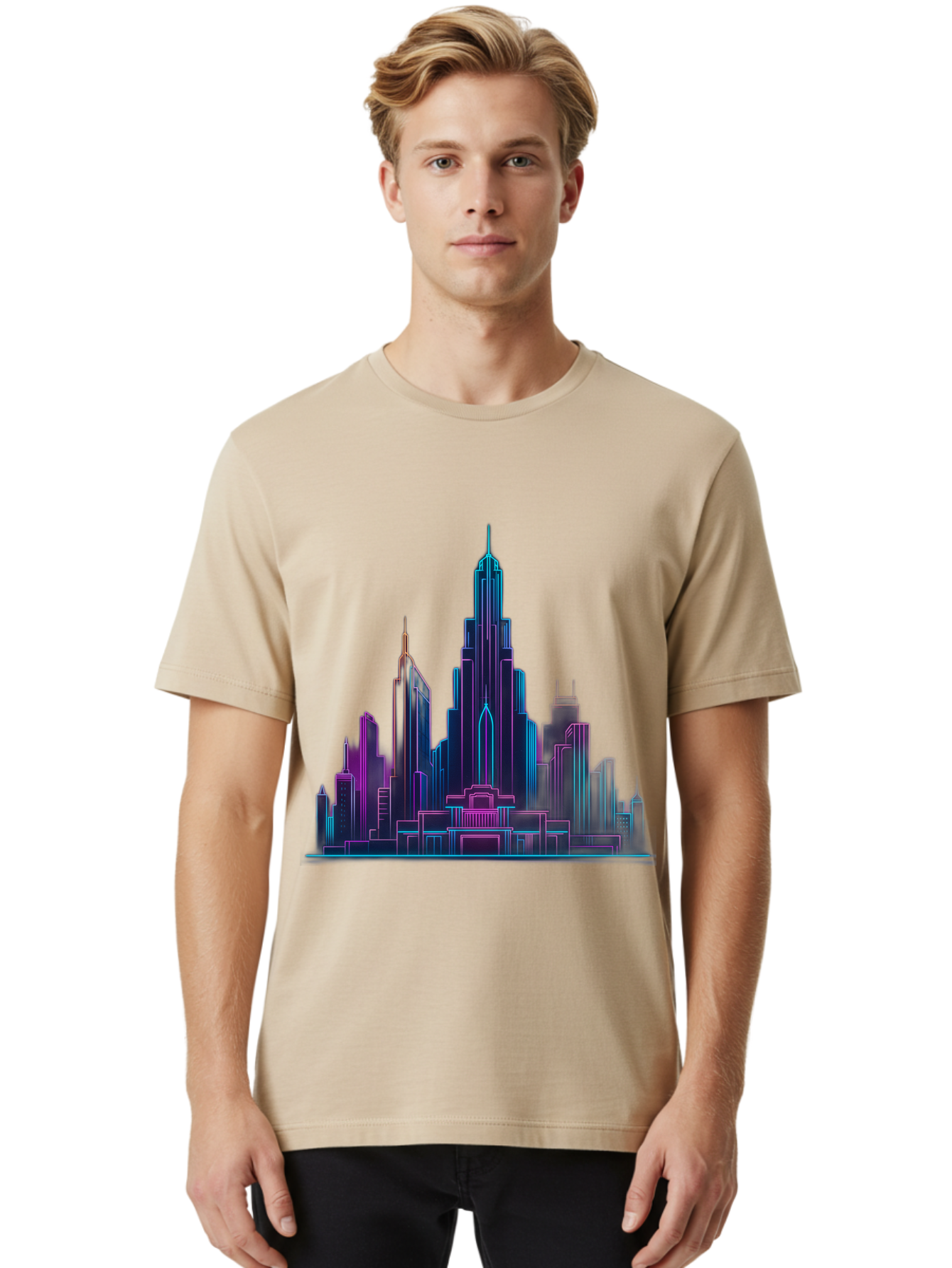 Cityscape-Skyscrapers Men'S Graphic Tee, 100% Cotton, Comfortable Casual Summer Wear, Machine Washable, City Skyline, Futuristic Architecture, Neon Lights, Modern Buildings, Urban Landscape, Skyscrapers, Cityscape, Contemporary Design, Baa321 20