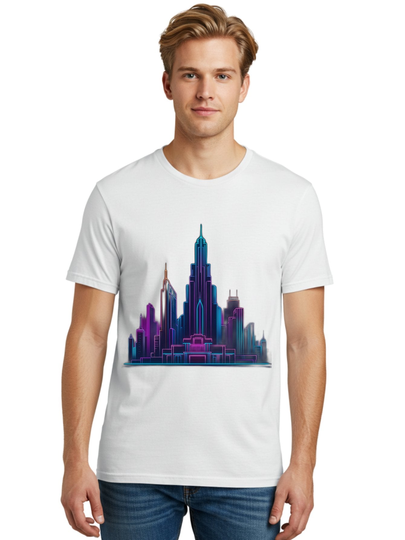 Cityscape-Skyscrapers Men'S Graphic Tee, 100% Cotton, Comfortable Casual Summer Wear, Machine Washable, City Skyline, Futuristic Architecture, Neon Lights, Modern Buildings, Urban Landscape, Skyscrapers, Cityscape, Contemporary Design, Baa321 26