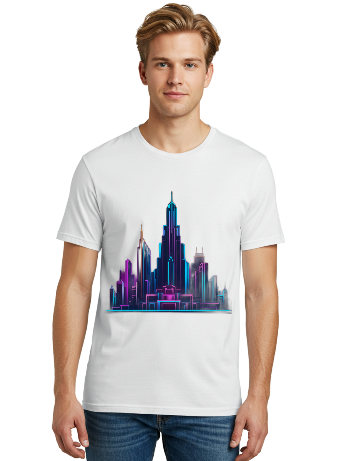 Cityscape-Skyscrapers Men'S Graphic Tee, 100% Cotton, Comfortable Casual Summer Wear, Machine Washable, City Skyline, Futuristic Architecture, Neon Lights, Modern Buildings, Urban Landscape, Skyscrapers, Cityscape, Contemporary Design, Baa321 10