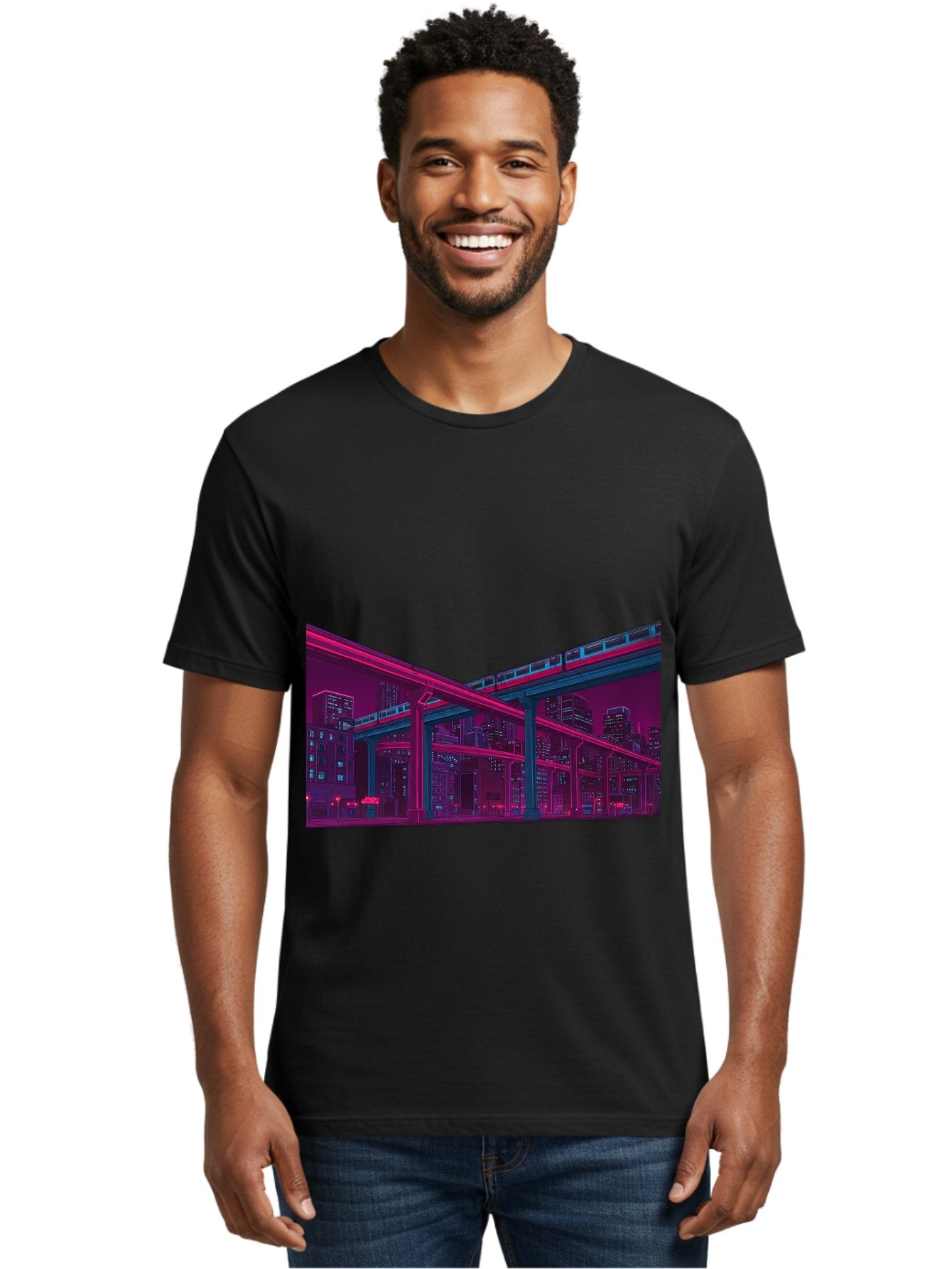 Cityscape Men'S Graphic Tee, 100% Cotton, Comfortable Casual Summer Wear, Machine Washable, Cityscape At Night, Urban Landscape, Neon Lights, City Buildings, Highway, Train, Futuristic Architecture, Modern City Life, City View Baa322 26