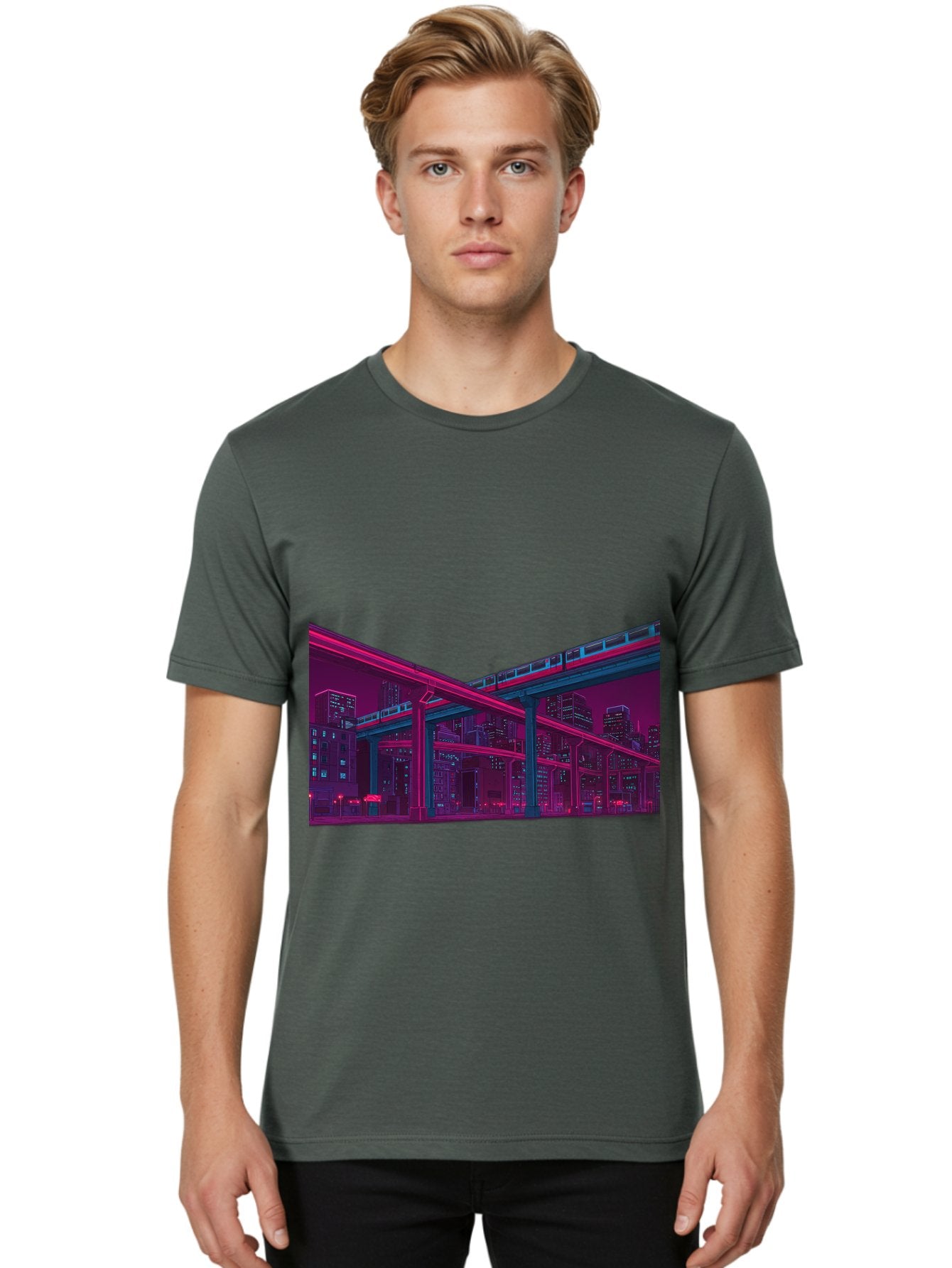 Cityscape Men'S Graphic Tee, 100% Cotton, Comfortable Casual Summer Wear, Machine Washable, Cityscape At Night, Urban Landscape, Neon Lights, City Buildings, Highway, Train, Futuristic Architecture, Modern City Life, City View Baa322 16