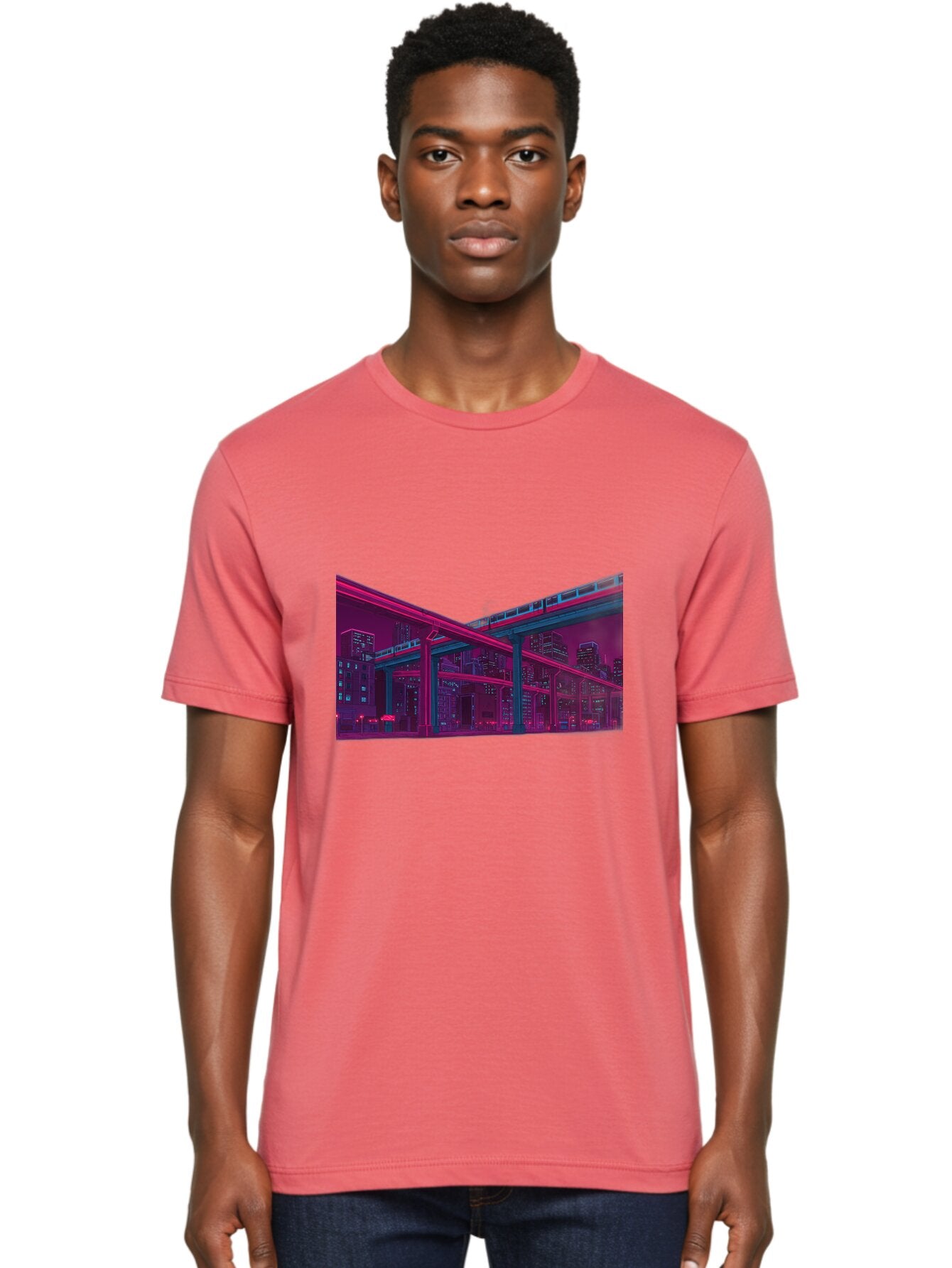 Cityscape Men'S Graphic Tee, 100% Cotton, Comfortable Casual Summer Wear, Machine Washable, Cityscape At Night, Urban Landscape, Neon Lights, City Buildings, Highway, Train, Futuristic Architecture, Modern City Life, City View Baa322 24