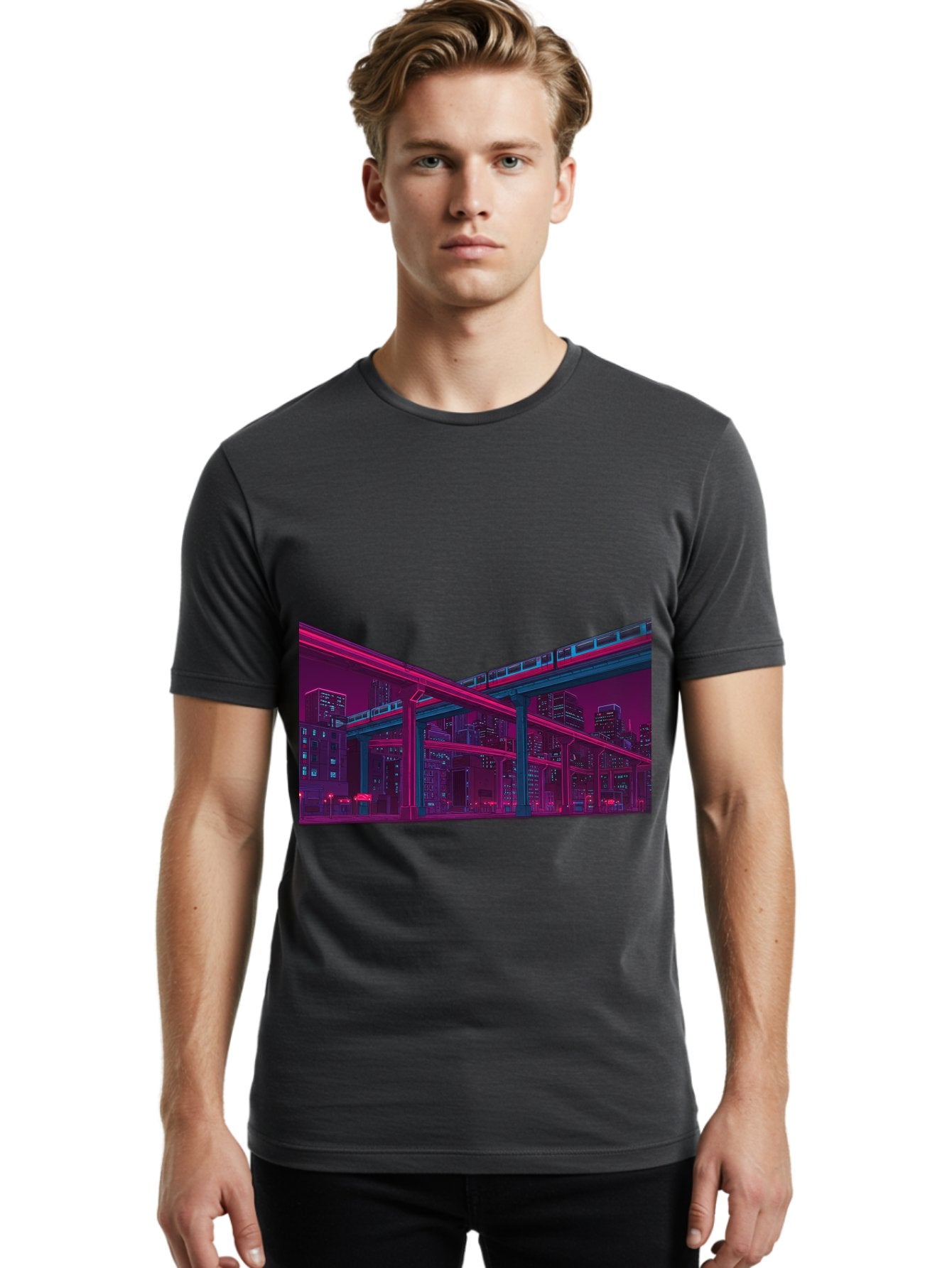 Cityscape Men'S Graphic Tee, 100% Cotton, Comfortable Casual Summer Wear, Machine Washable, Cityscape At Night, Urban Landscape, Neon Lights, City Buildings, Highway, Train, Futuristic Architecture, Modern City Life, City View Baa322 30