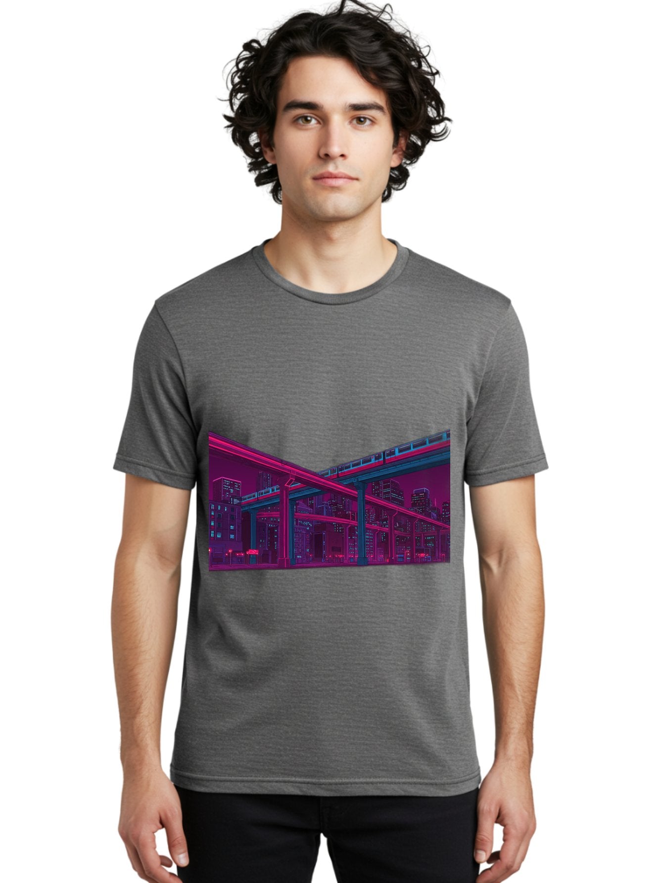 Cityscape Men'S Graphic Tee, 100% Cotton, Comfortable Casual Summer Wear, Machine Washable, Cityscape At Night, Urban Landscape, Neon Lights, City Buildings, Highway, Train, Futuristic Architecture, Modern City Life, City View Baa322 27