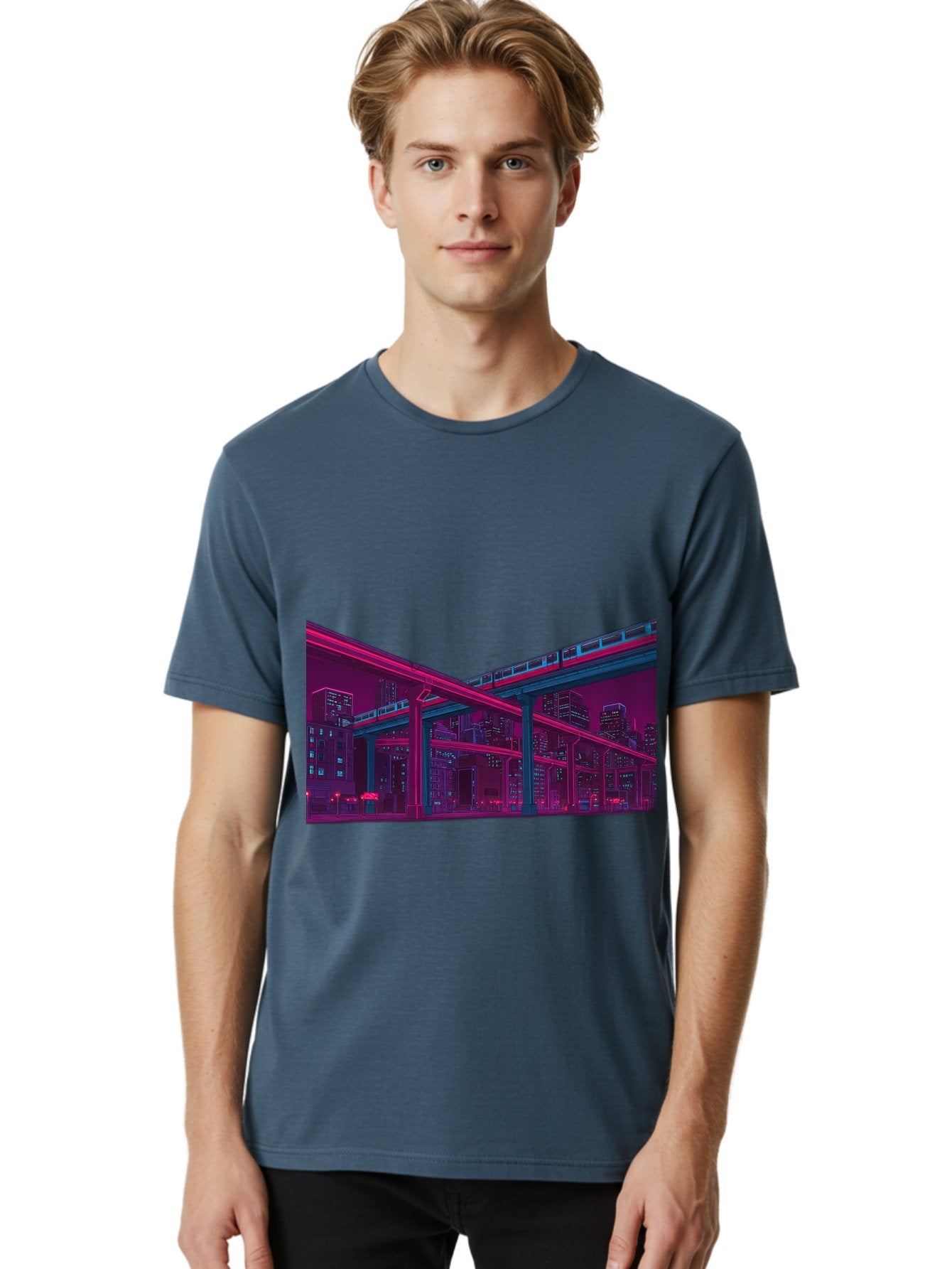 Cityscape Men'S Graphic Tee, 100% Cotton, Comfortable Casual Summer Wear, Machine Washable, Cityscape At Night, Urban Landscape, Neon Lights, City Buildings, Highway, Train, Futuristic Architecture, Modern City Life, City View Baa322 20