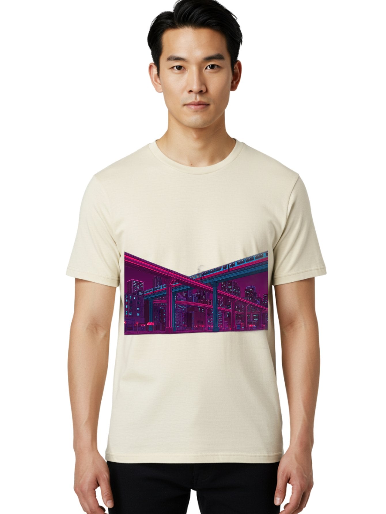 Cityscape Men'S Graphic Tee, 100% Cotton, Comfortable Casual Summer Wear, Machine Washable, Cityscape At Night, Urban Landscape, Neon Lights, City Buildings, Highway, Train, Futuristic Architecture, Modern City Life, City View Baa322 25
