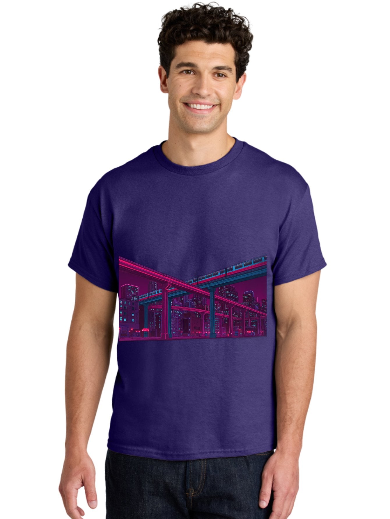 Cityscape Men'S Graphic Tee, 100% Cotton, Comfortable Casual Summer Wear, Machine Washable, Cityscape At Night, Urban Landscape, Neon Lights, City Buildings, Highway, Train, Futuristic Architecture, Modern City Life, City View Baa322 23