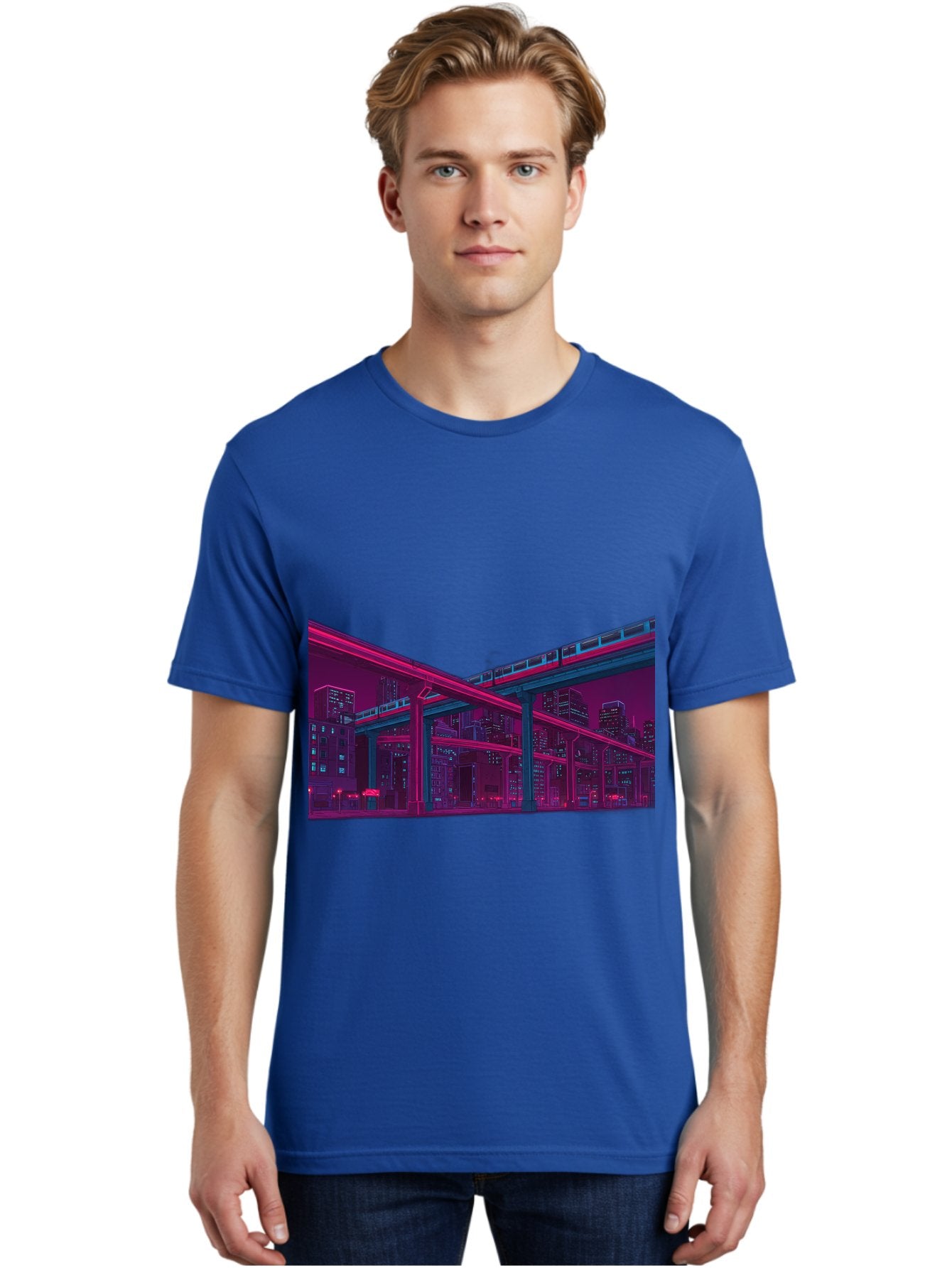 Cityscape Men'S Graphic Tee, 100% Cotton, Comfortable Casual Summer Wear, Machine Washable, Cityscape At Night, Urban Landscape, Neon Lights, City Buildings, Highway, Train, Futuristic Architecture, Modern City Life, City View Baa322 22