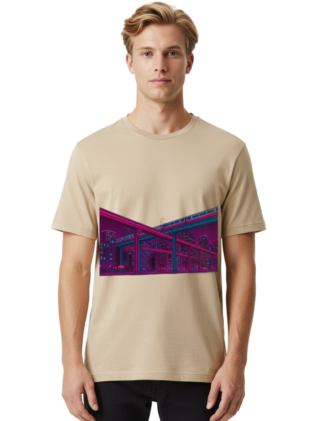 Cityscape Men'S Graphic Tee, 100% Cotton, Comfortable Casual Summer Wear, Machine Washable, Cityscape At Night, Urban Landscape, Neon Lights, City Buildings, Highway, Train, Futuristic Architecture, Modern City Life, City View Baa322 18