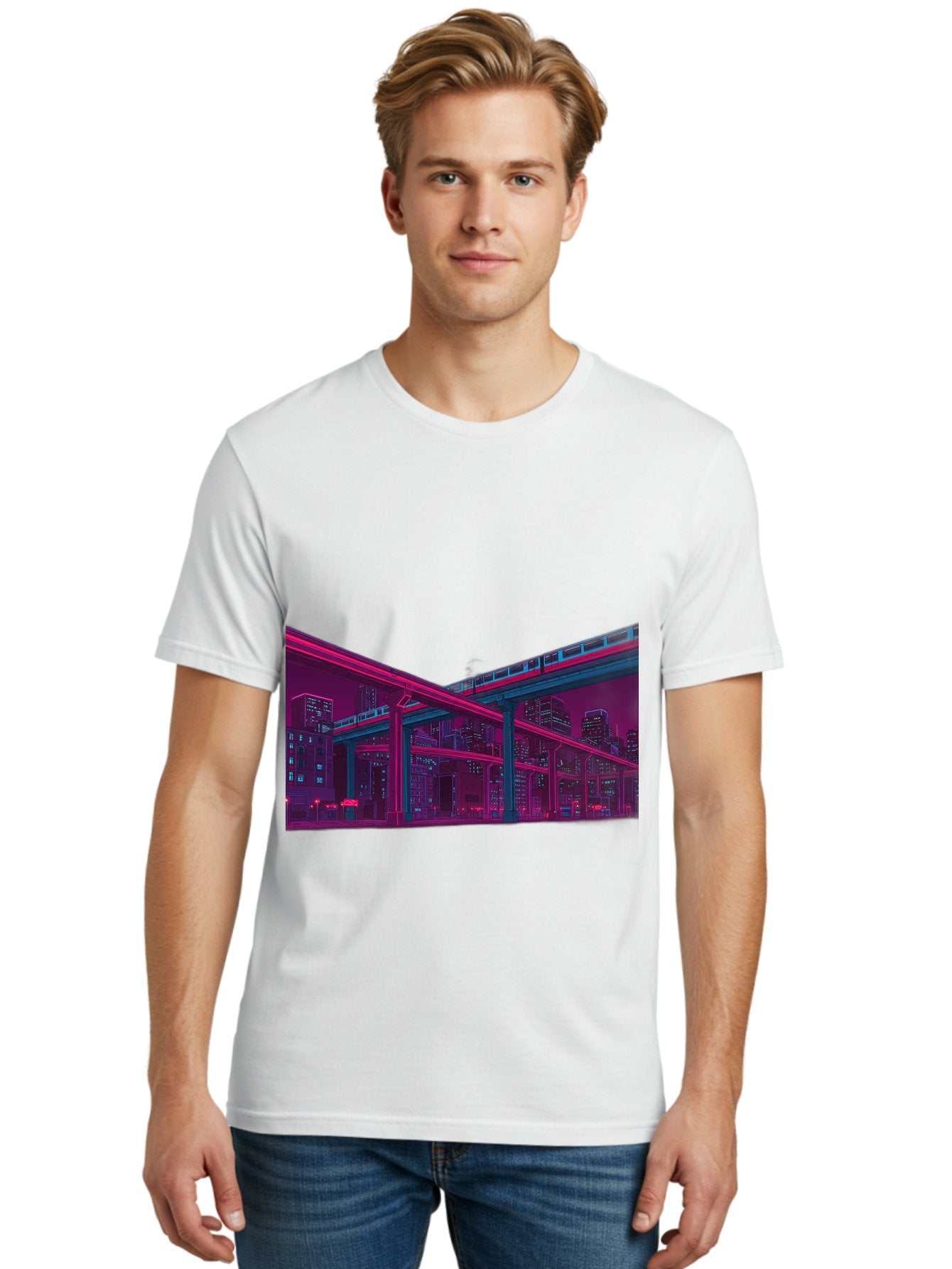 Cityscape Men'S Graphic Tee, 100% Cotton, Comfortable Casual Summer Wear, Machine Washable, Cityscape At Night, Urban Landscape, Neon Lights, City Buildings, Highway, Train, Futuristic Architecture, Modern City Life, City View Baa322 28