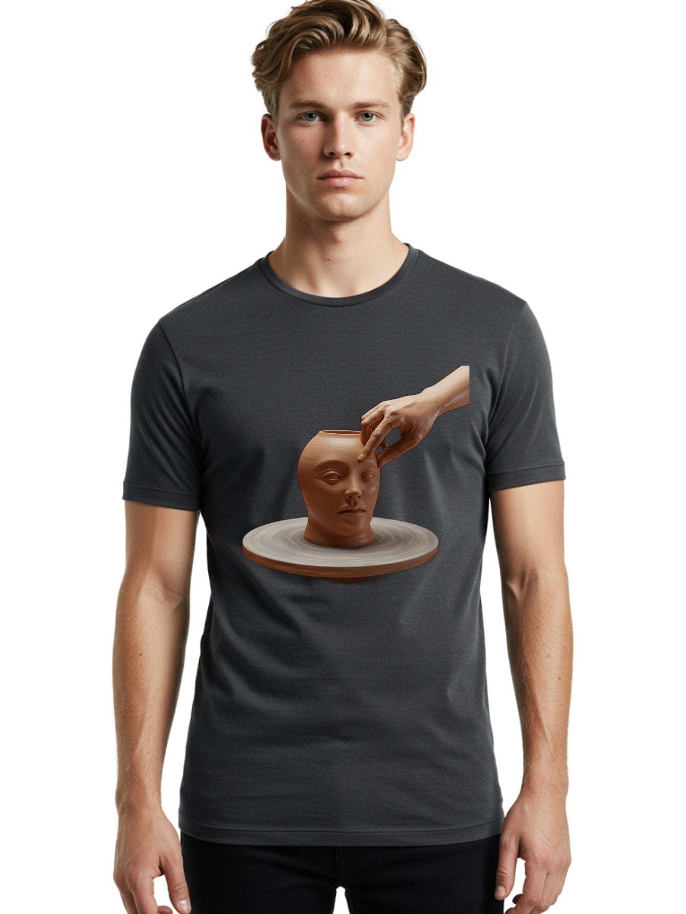 Clay-Head-Vessel Men'S Graphic Tee, 100% Cotton, Comfortable Casual Summer Wear, Machine Washable, Clay Head Vase, Pottery Wheel, Creative Process, Handmade, Artisanal Craft, Shaping Clay, Artistic Expression, Creative Art Baa323 16