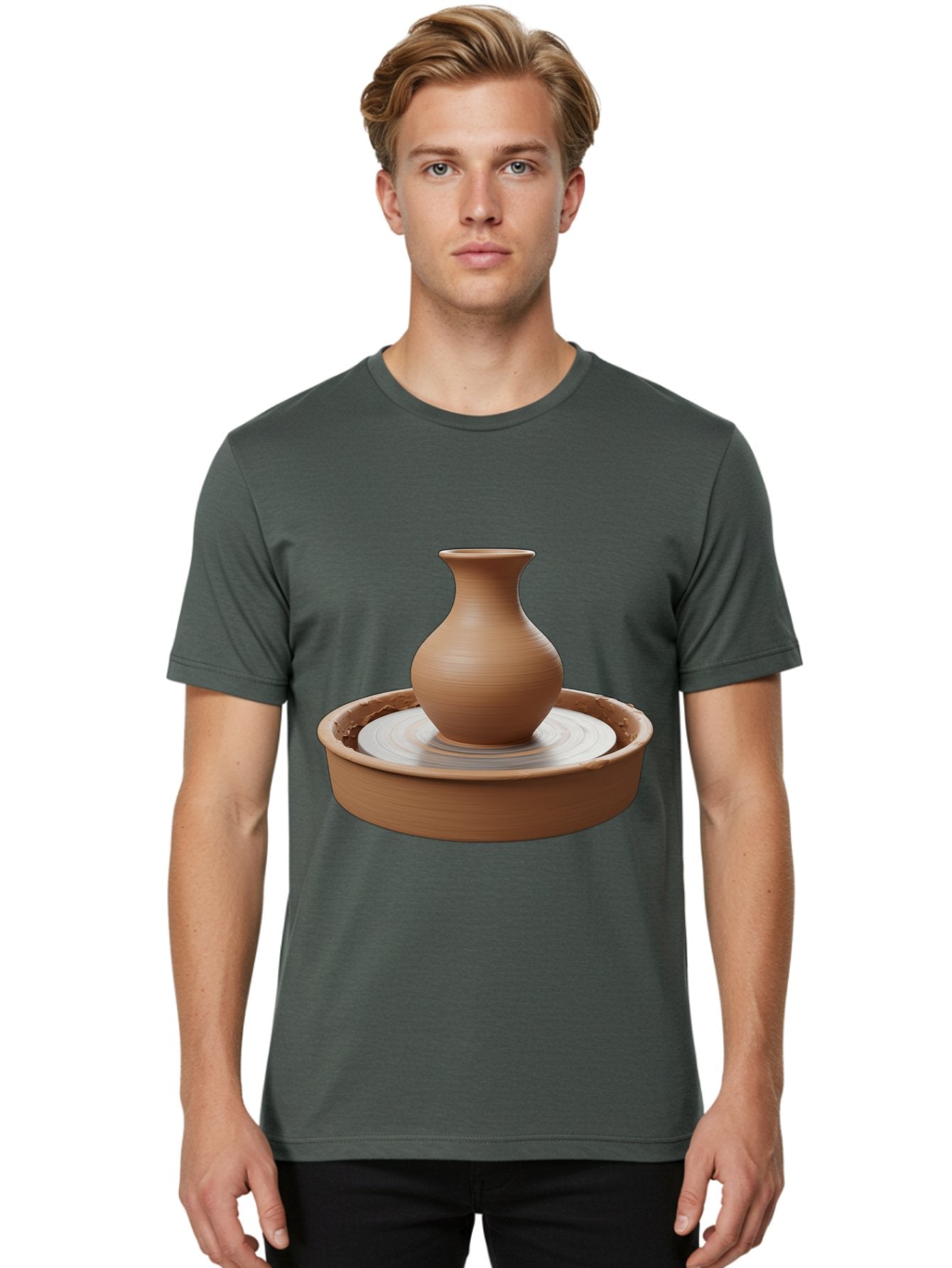 Clay-Vase-On-Pottery-Wheel Men'S Graphic Tee, 100% Cotton, Comfortable Casual Summer Wear, Machine Washable, Pottery Wheel, Clay Vase, Handmade Ceramics, Terra Cotta, Crafting, Artisanal Pottery, Wheel-Thrown Pottery, Ceramic Art, Baa330 24