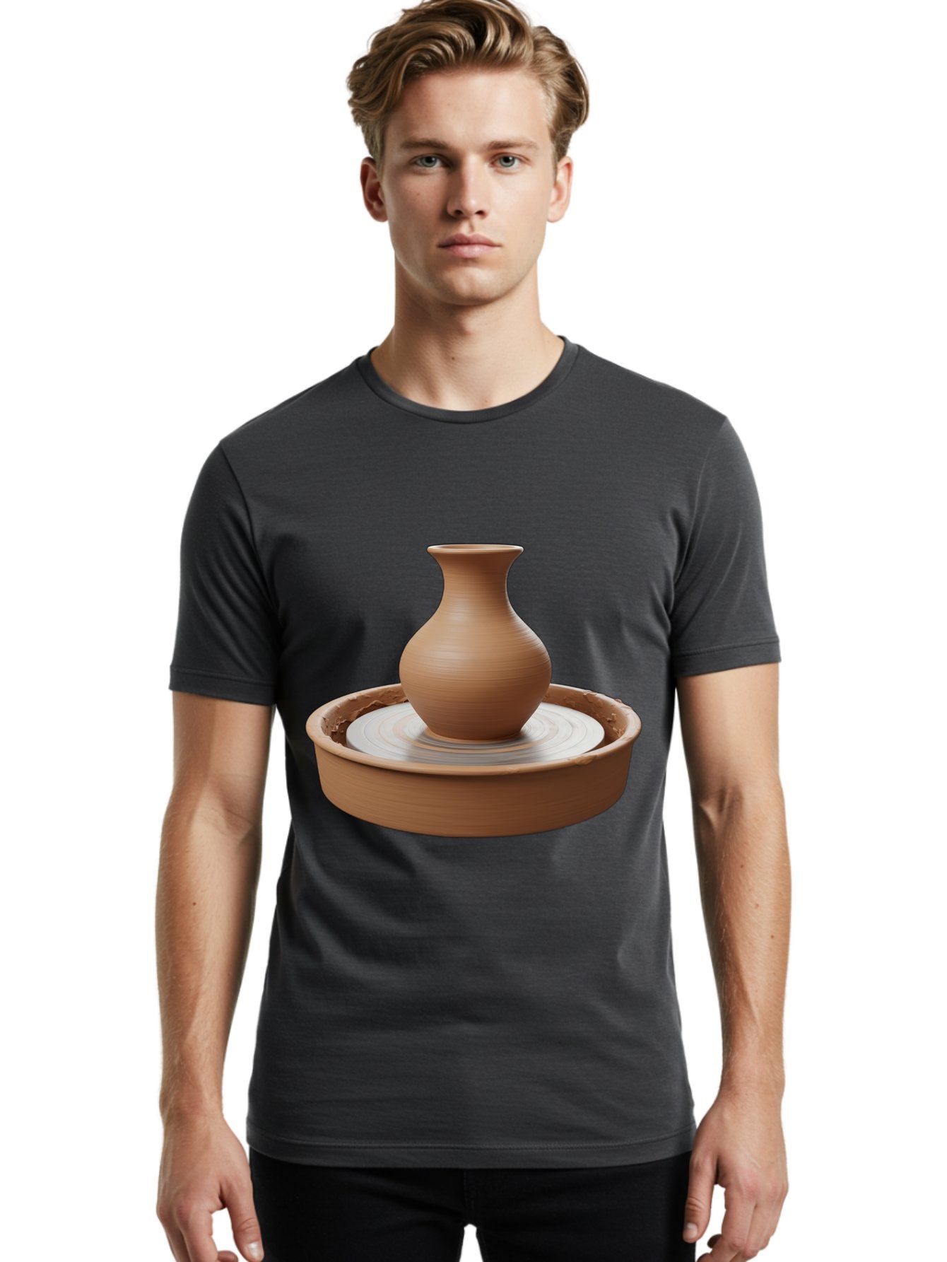Clay-Vase-On-Pottery-Wheel Men'S Graphic Tee, 100% Cotton, Comfortable Casual Summer Wear, Machine Washable, Pottery Wheel, Clay Vase, Handmade Ceramics, Terra Cotta, Crafting, Artisanal Pottery, Wheel-Thrown Pottery, Ceramic Art, Baa330 17