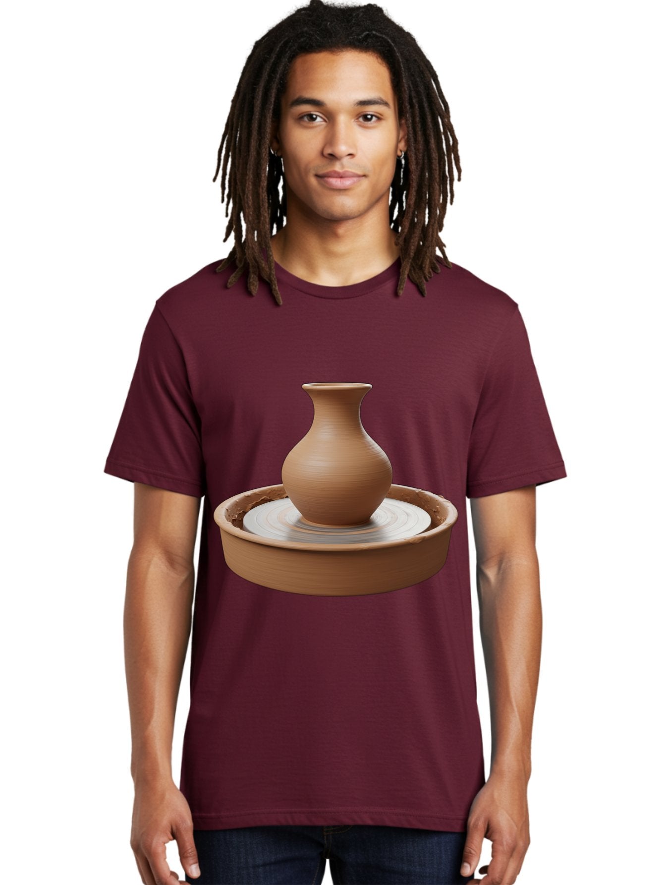 Clay-Vase-On-Pottery-Wheel Men'S Graphic Tee, 100% Cotton, Comfortable Casual Summer Wear, Machine Washable, Pottery Wheel, Clay Vase, Handmade Ceramics, Terra Cotta, Crafting, Artisanal Pottery, Wheel-Thrown Pottery, Ceramic Art, Baa330 20