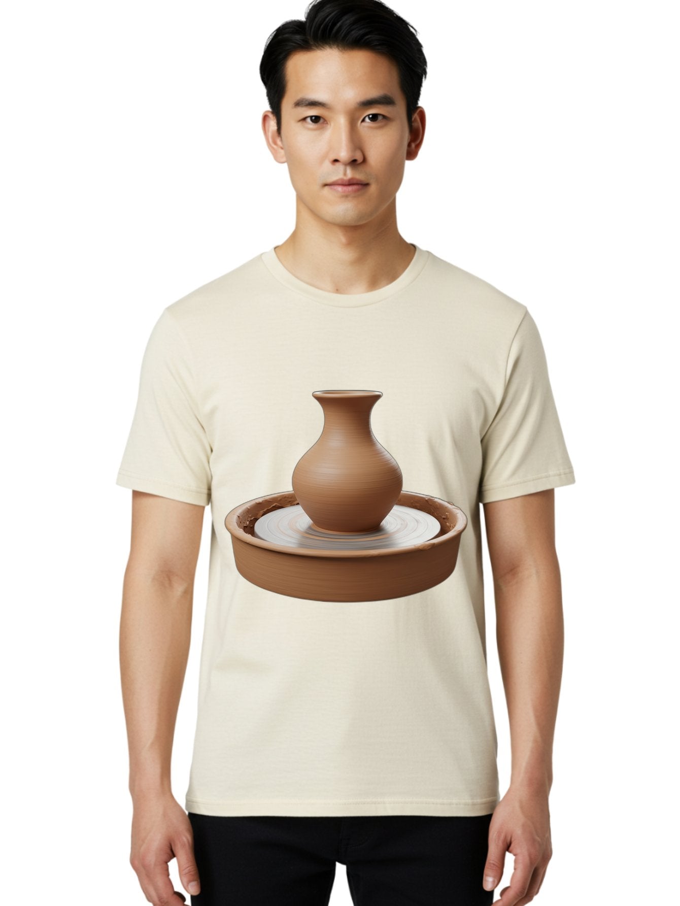 Clay-Vase-On-Pottery-Wheel Men'S Graphic Tee, 100% Cotton, Comfortable Casual Summer Wear, Machine Washable, Pottery Wheel, Clay Vase, Handmade Ceramics, Terra Cotta, Crafting, Artisanal Pottery, Wheel-Thrown Pottery, Ceramic Art, Baa330 18