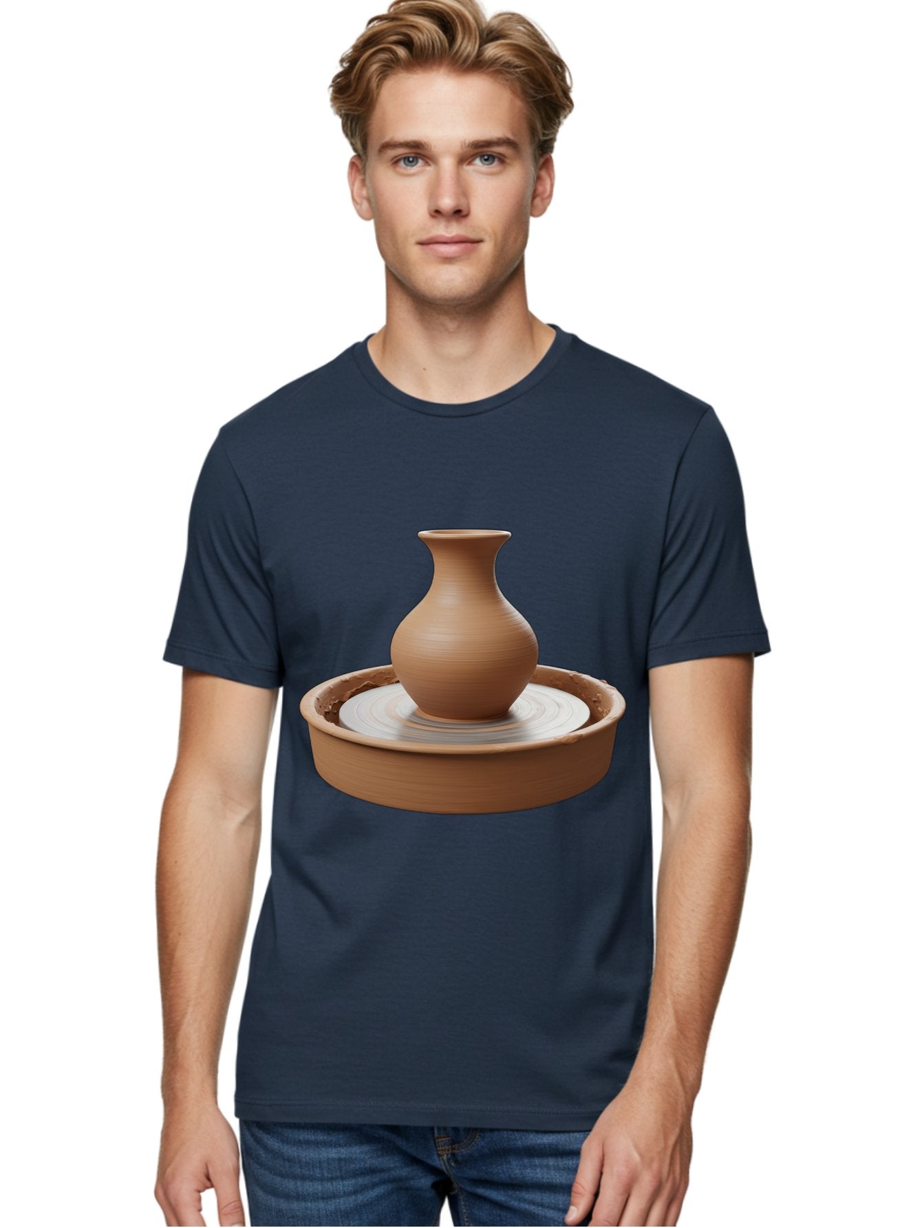 Clay-Vase-On-Pottery-Wheel Men'S Graphic Tee, 100% Cotton, Comfortable Casual Summer Wear, Machine Washable, Pottery Wheel, Clay Vase, Handmade Ceramics, Terra Cotta, Crafting, Artisanal Pottery, Wheel-Thrown Pottery, Ceramic Art, Baa330 29